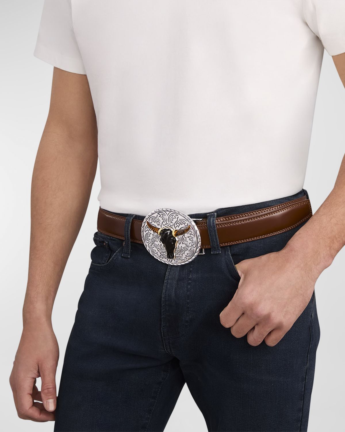 LAGOS Men 's Sterling Silver and 18K Anthem Black Agate Longhorn Belt Buckle, 85mm