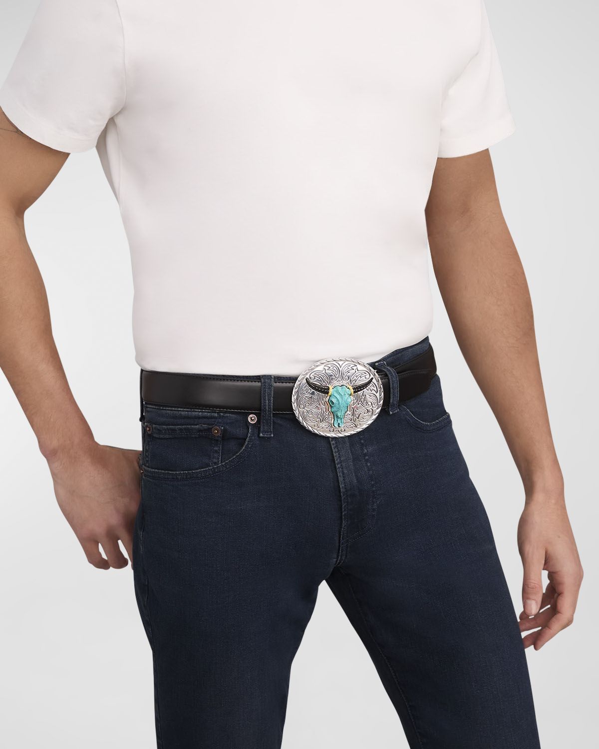 LAGOS Men 's Sterling Silver 18K Anthem Turquoise Longhorn Belt Buckle, 85mm