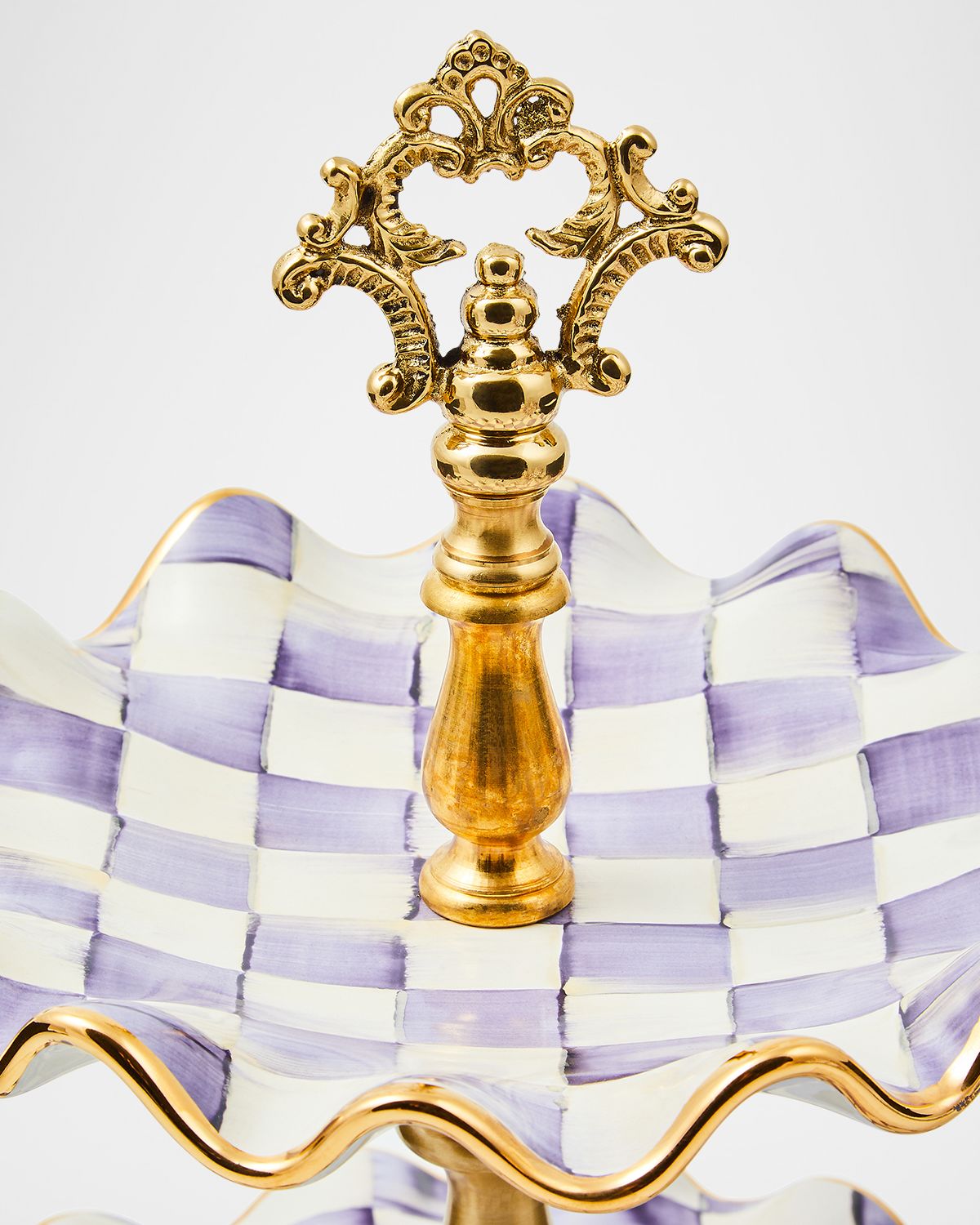 MacKenzie-Childs Violet Check Fluted Ceramic Two-Tier Sweet Stand