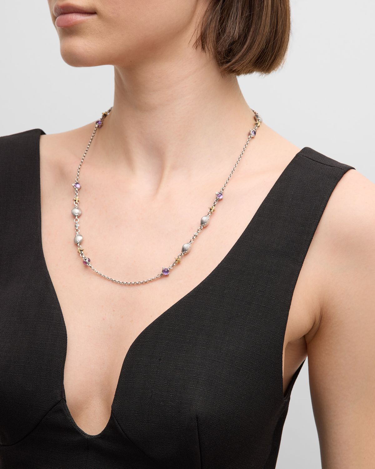 Konstantino Silver and Gold Amethyst Necklace, 28"L