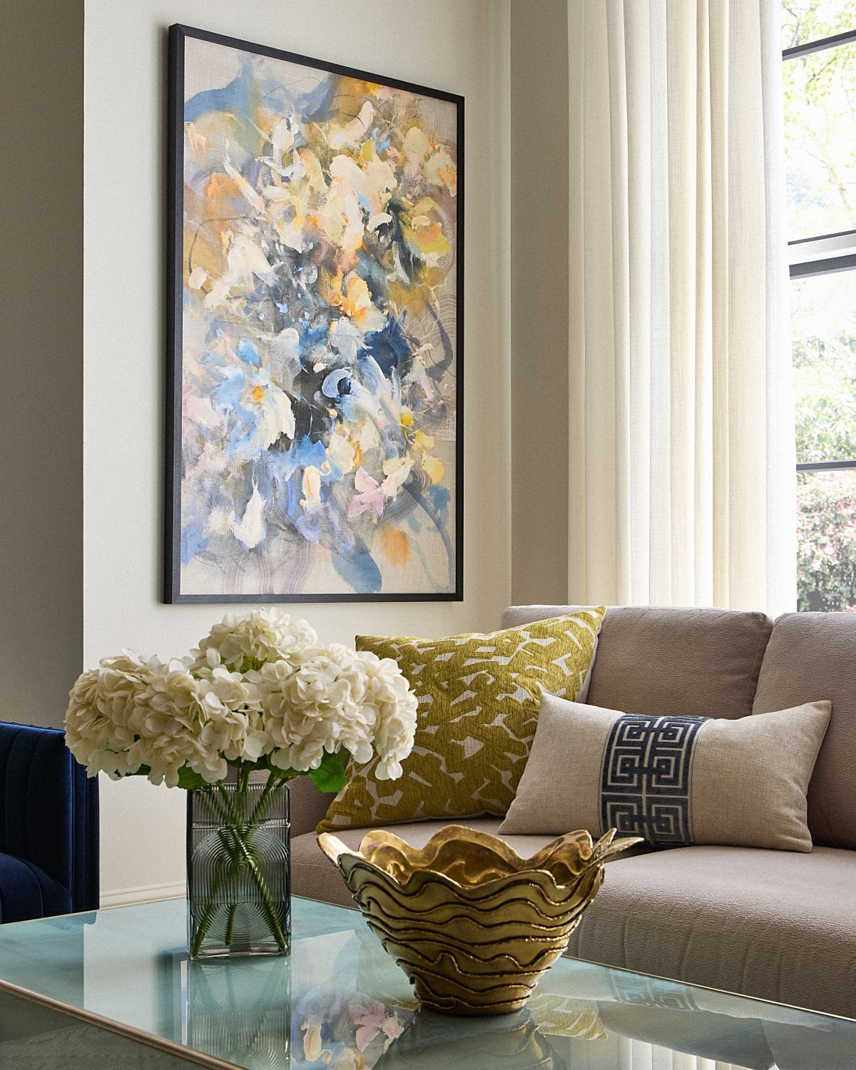 John-Richard Collection Luminous Hydrangeas 19" Faux Floral Arrangement in Glass Vase