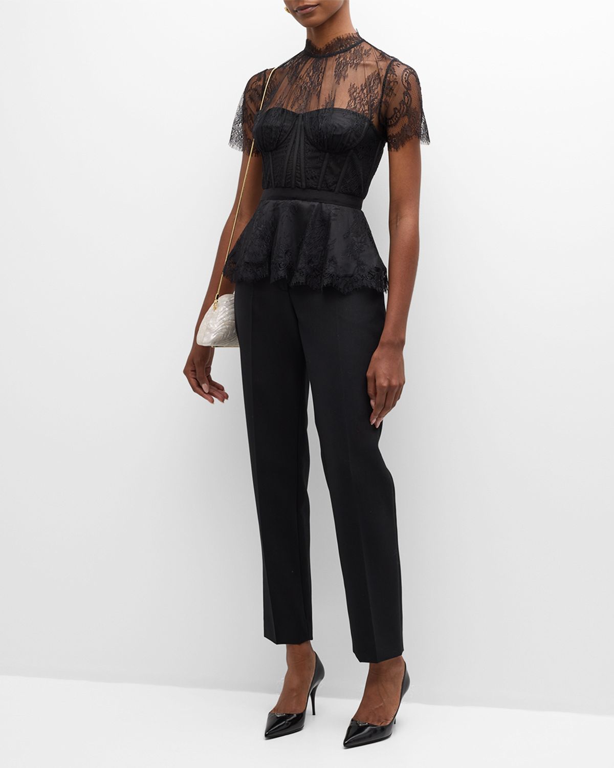 SIMKHAI Kehlani Sheer Lace Short-Sleeve Peplum Bustier Top