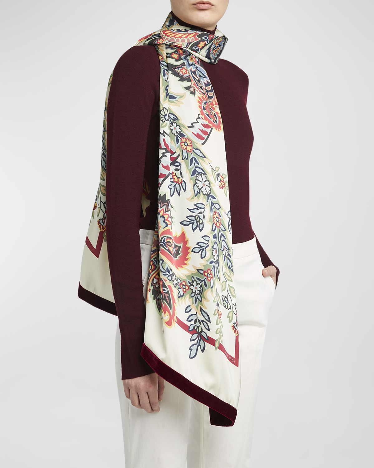 Etro Bohemian Print Scarf With Velvet Trim