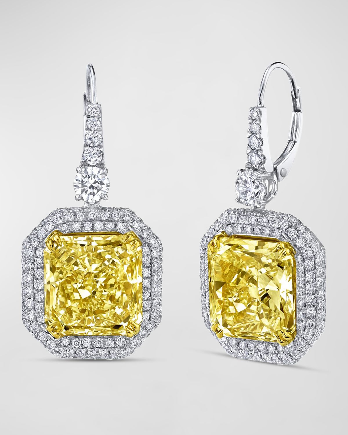 Neiman Marcus Diamonds 18K Yellow and White Gold Two-Tone Radiant Diamond Drop Earrings, 16.91tcw, 1.45"L x 0.59"W