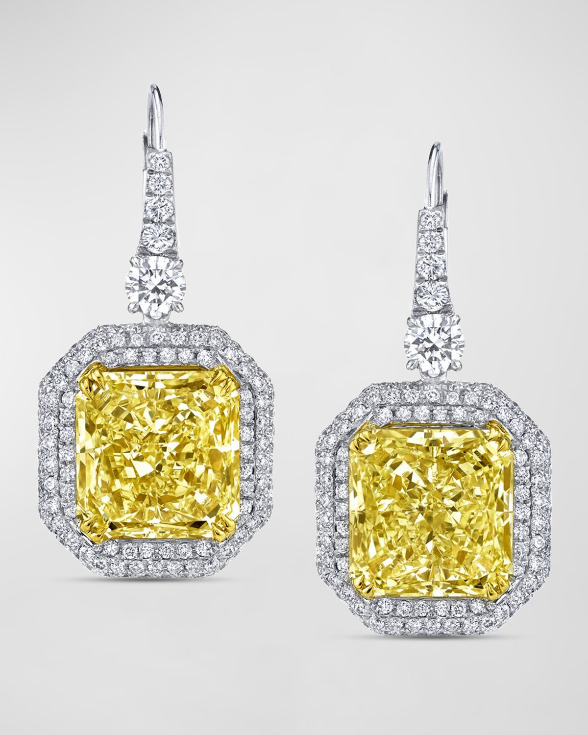 Neiman Marcus Diamonds 18K Yellow and White Gold Two-Tone Radiant Diamond Drop Earrings, 16.91tcw, 1.45"L x 0.59"W