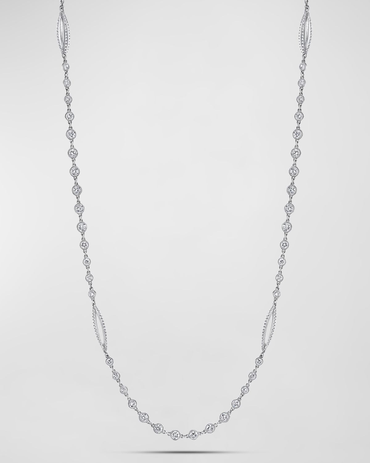Neiman Marcus Diamonds Platinum Handmade Diamond Necklace with Oval Sphere Stations, 16"L, 16.46tcw