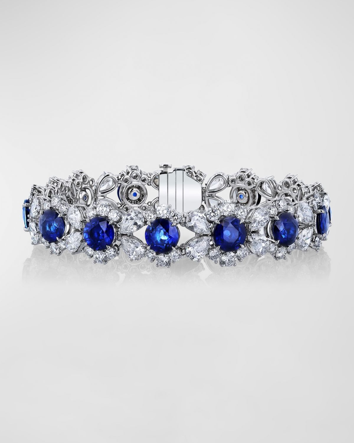 Neiman Marcus Diamonds Platinum Mixed Diamond Bracelet with Round Blue Sapphires, 7"