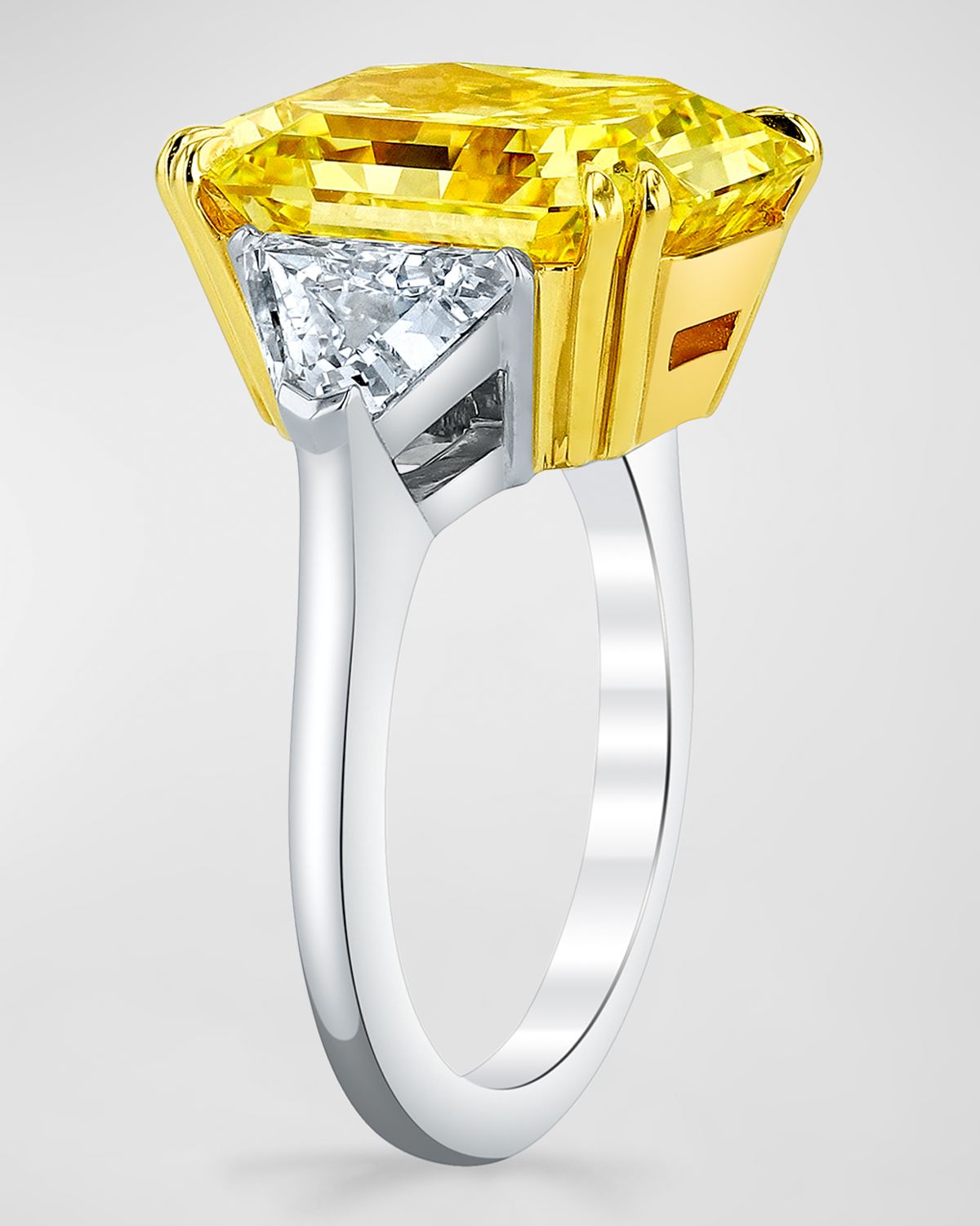 Neiman Marcus Diamonds Platinum and 18K Yellow Gold Radiant Cut Yellow Diamond Ring with White Diamond and Shield Sides, Size 6.5, 24.64tcw