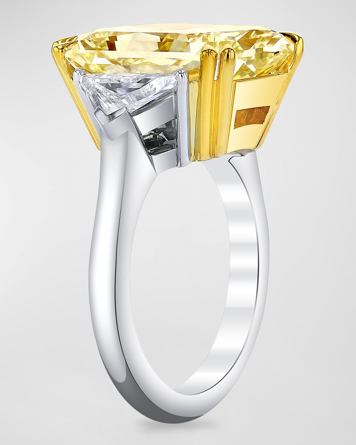 Neiman Marcus Diamonds Platinum and 18K Yelow Gold Large Fancy Yellow Radiant Cut Ring with White Diamond and Triangular Sides, Size 6.5, 23.22tcw