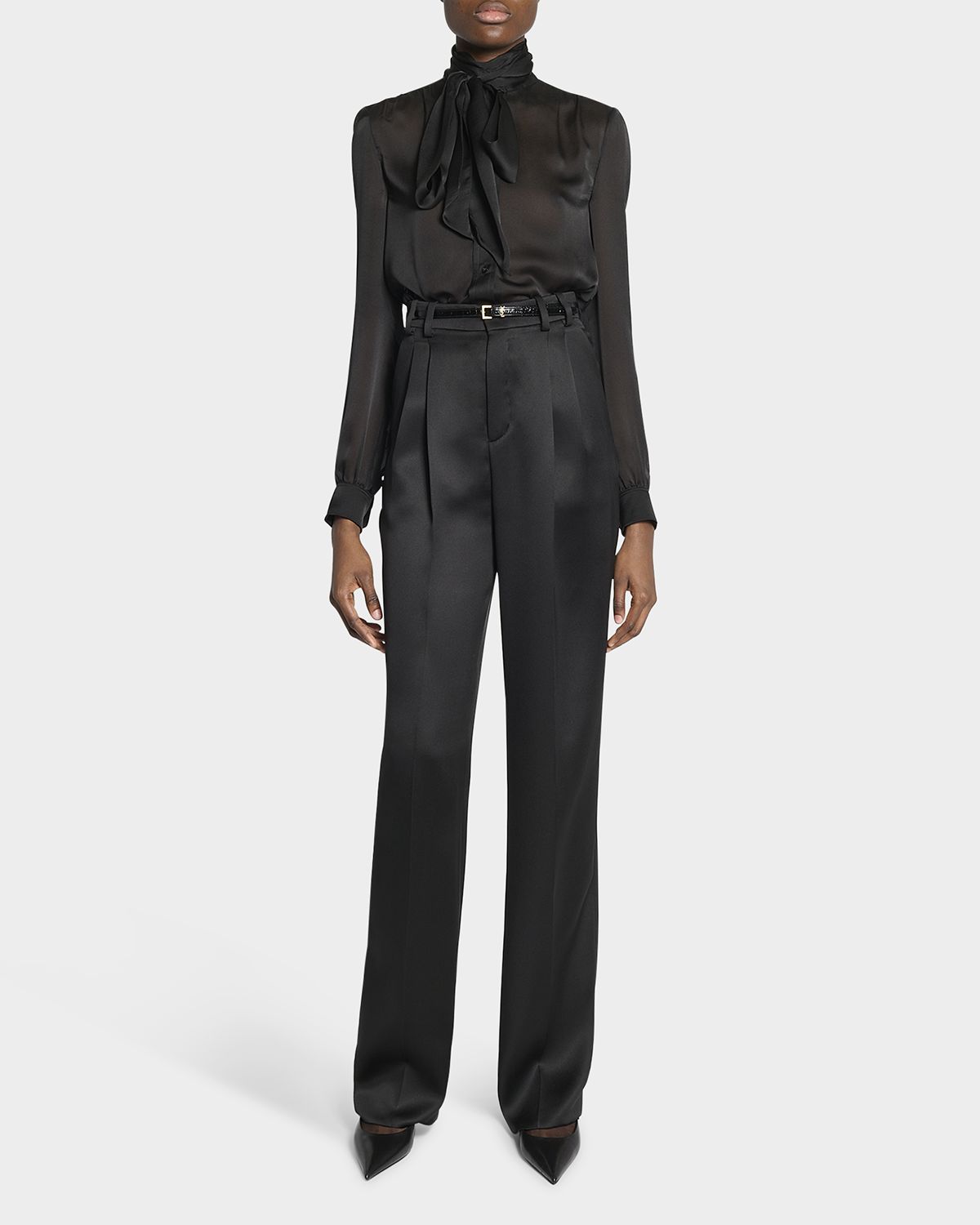 Saint Laurent Sheer Silk Tie Neck Blouse