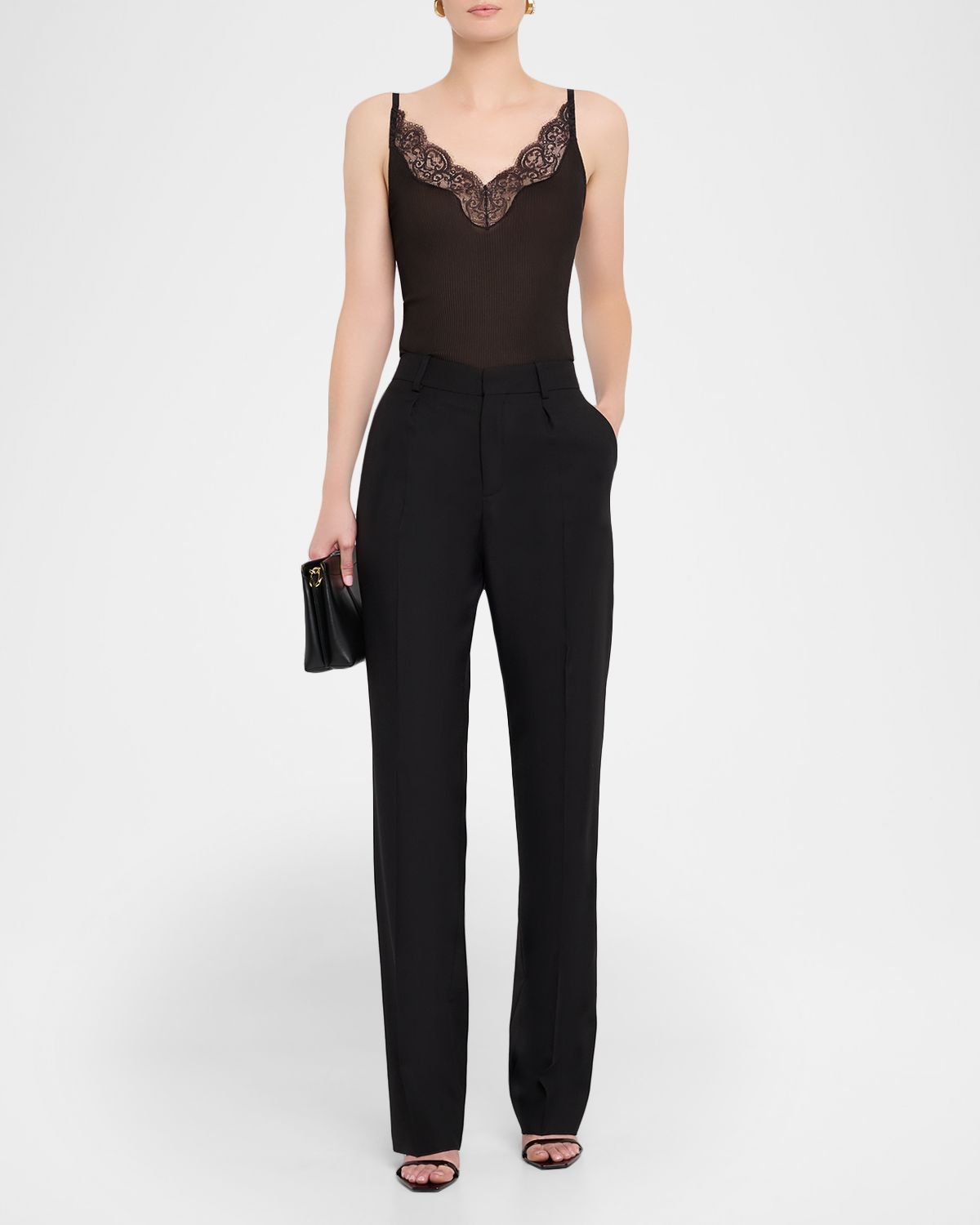 Saint Laurent Ribbed Knit Tank Top with Lace Detail