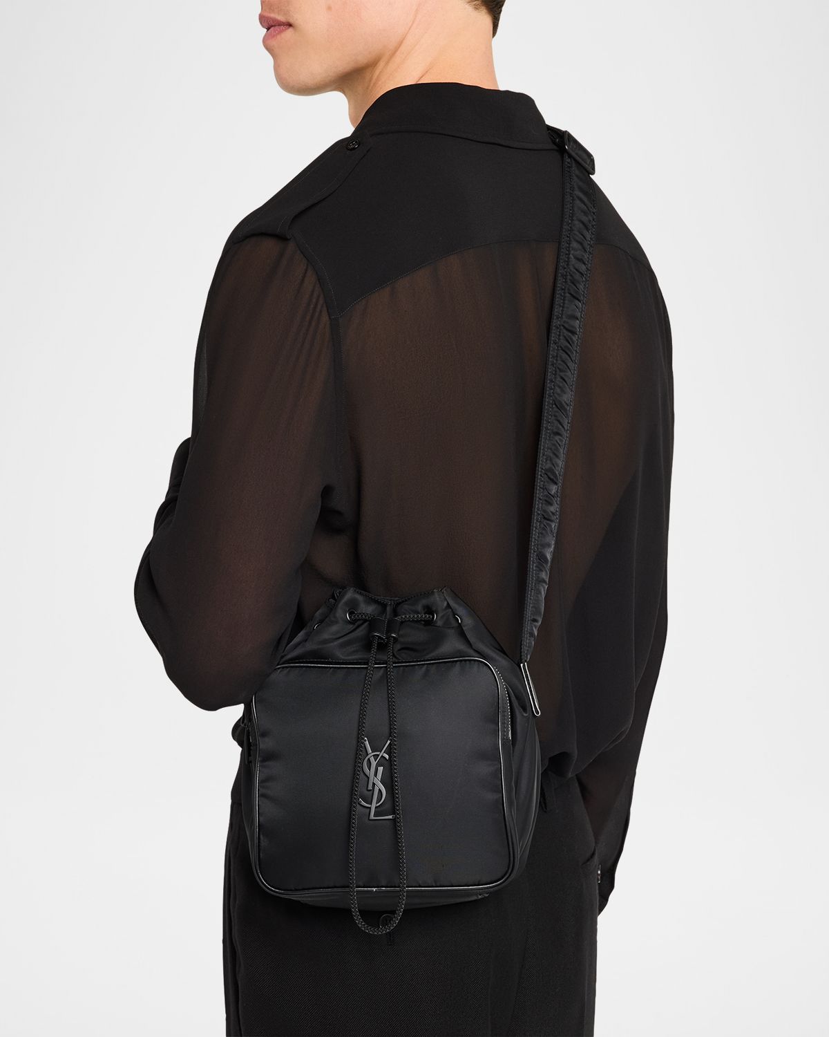 Saint Laurent Men 's Niki Small YSL Bucket Crossbody Bag in Nylon