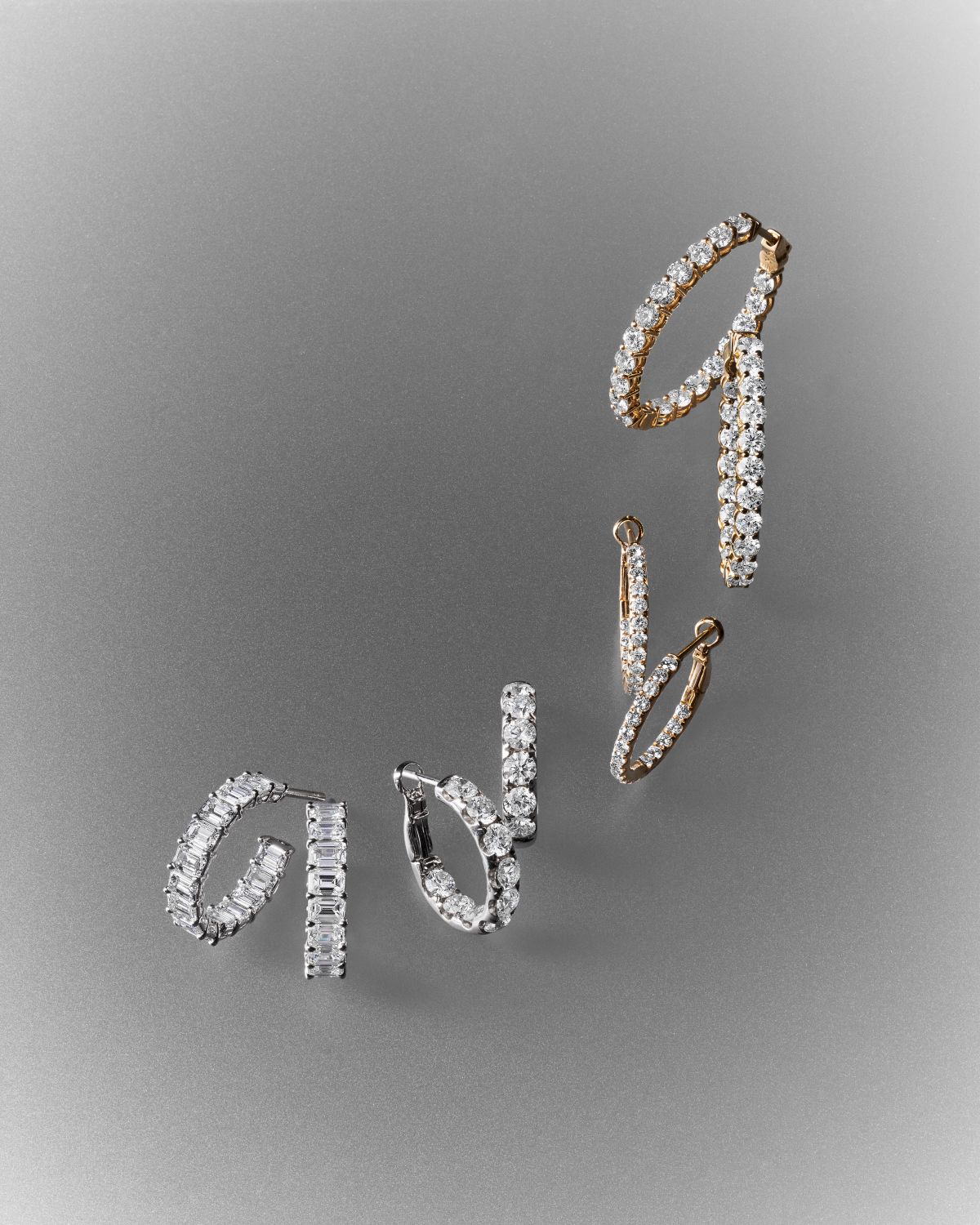 Neiman Marcus Diamonds 18K Gold East-West Emerald-Cut Diamond Hoop Earrings, 6.5tcw/0.75"L