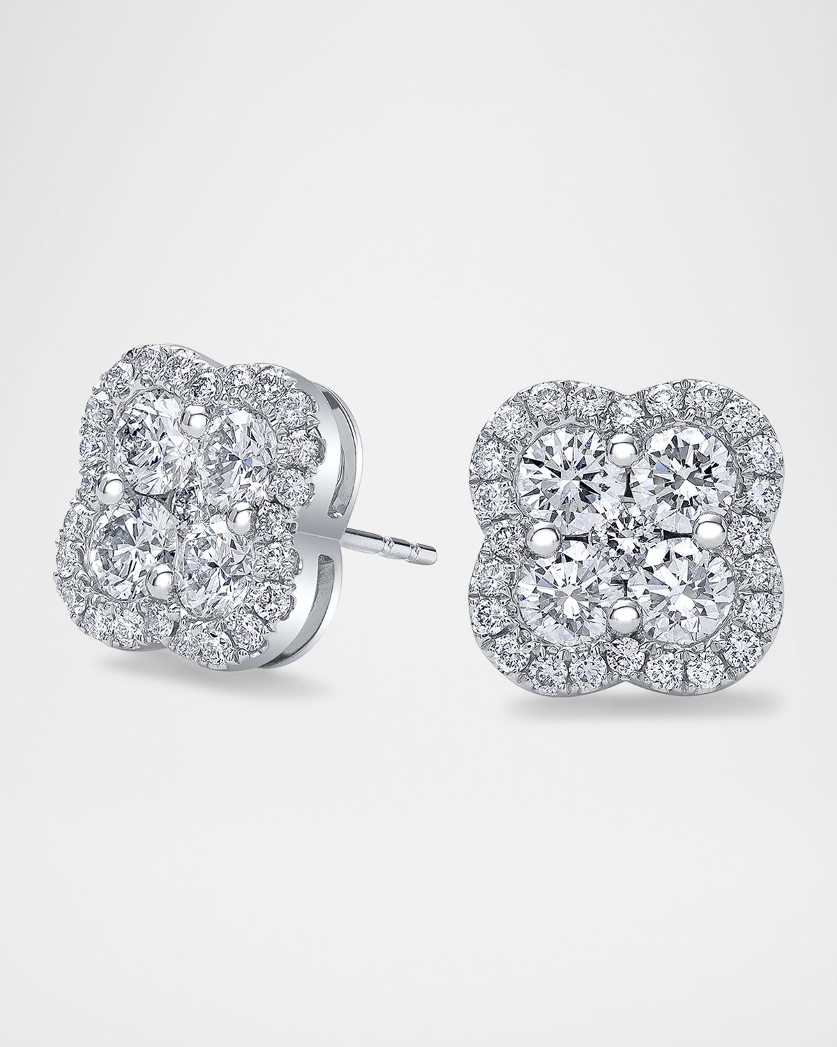 Neiman Marcus Diamonds 18K Gold Diamond Clover Halo Stud Earrings, 1.9tcw, 0.41" / 0.41"W