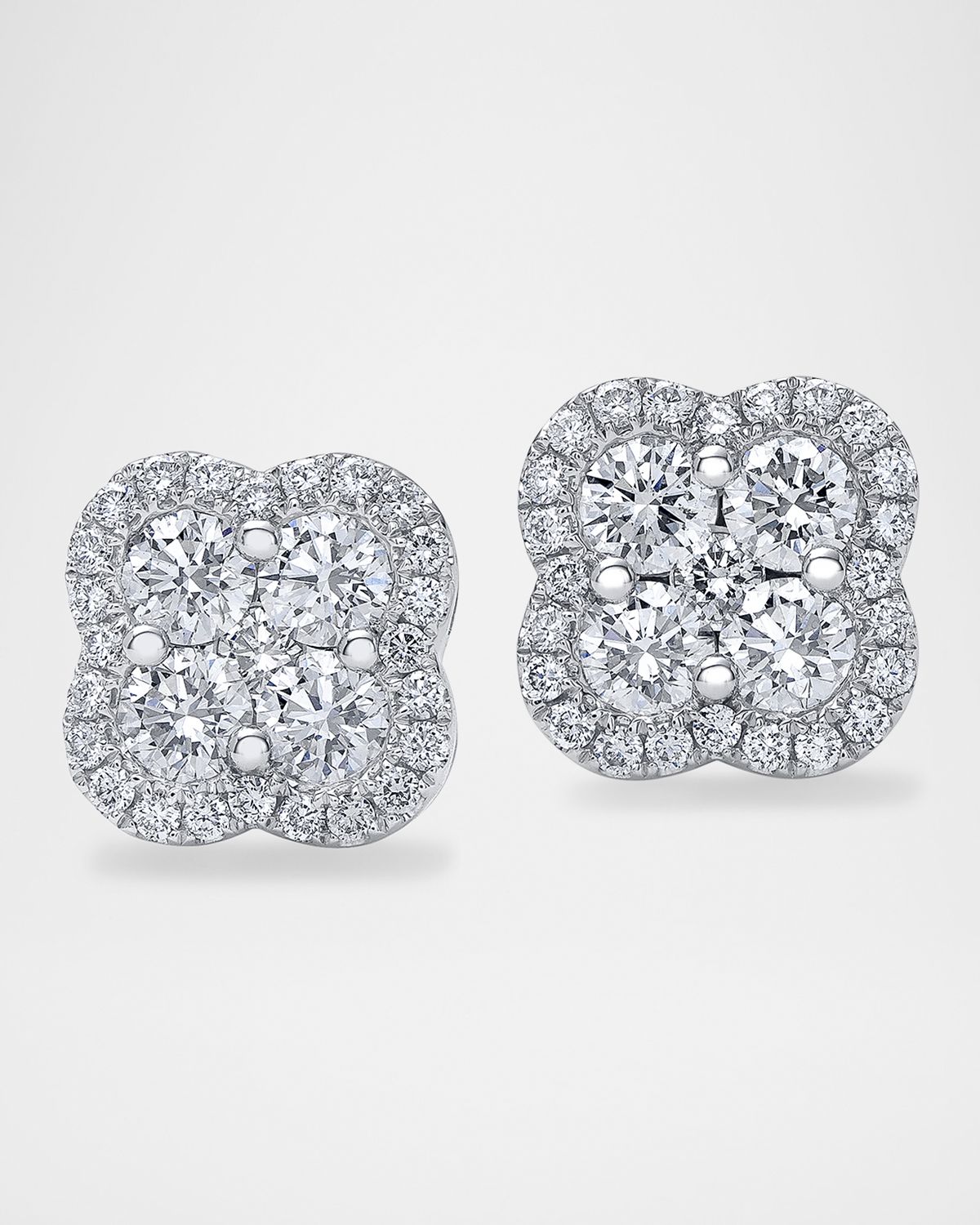 Neiman Marcus Diamonds 18K Gold Diamond Clover Halo Stud Earrings, 1.9tcw, 0.41" / 0.41"W