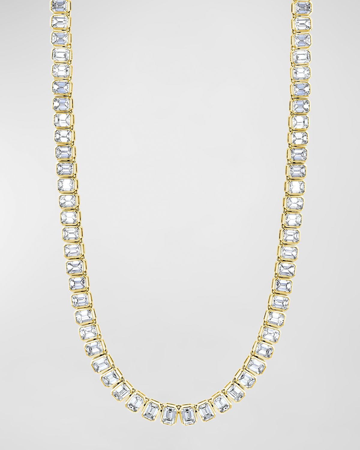 Neiman Marcus Diamonds x Christina Adamo 18K Gold 16" North South Bezel Set Emerald-Cut Diamond Tennis Necklace, 21.40tcw