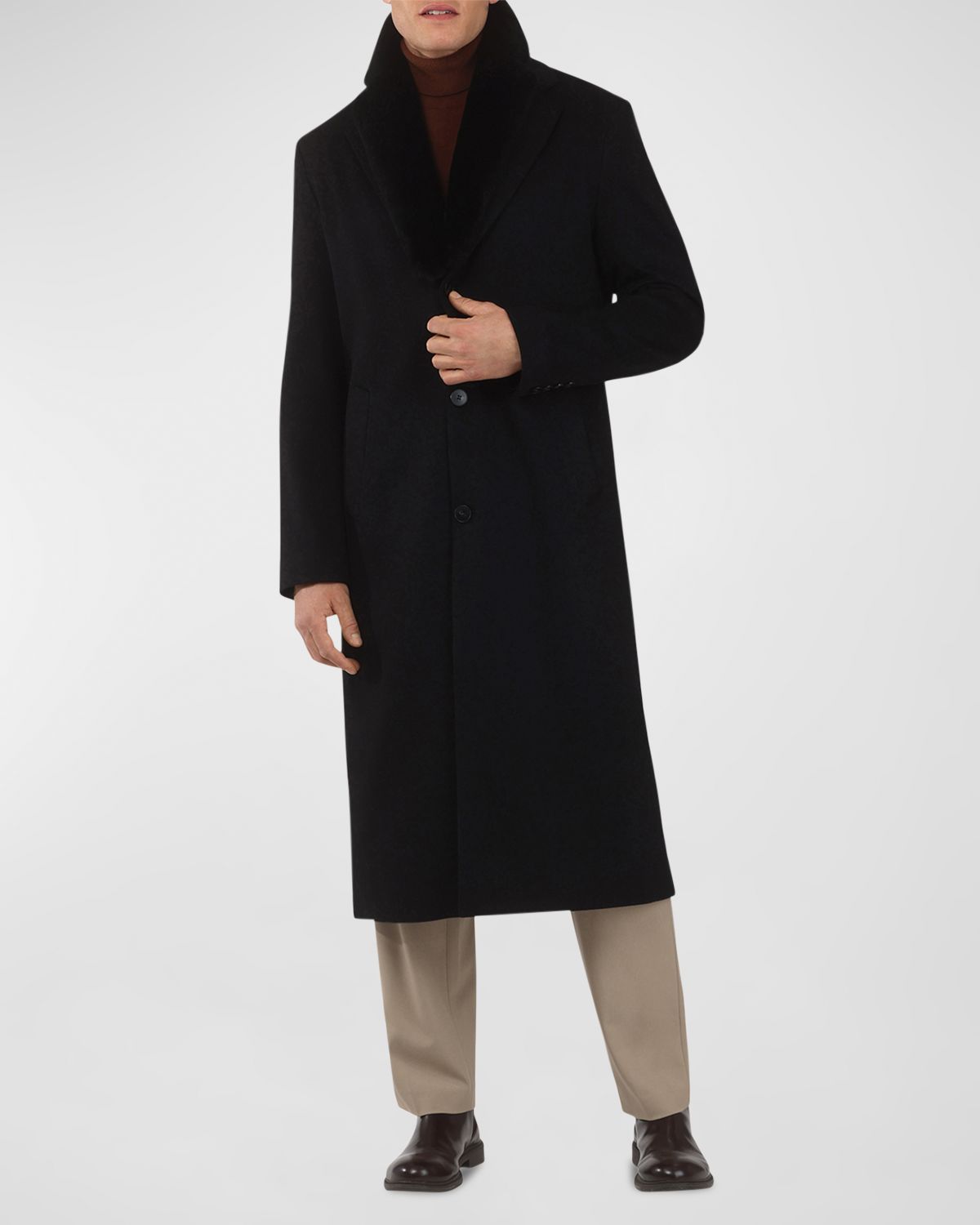 Gorski Men 's Cashmere Coat with Detachable Lamb Shearling Collar