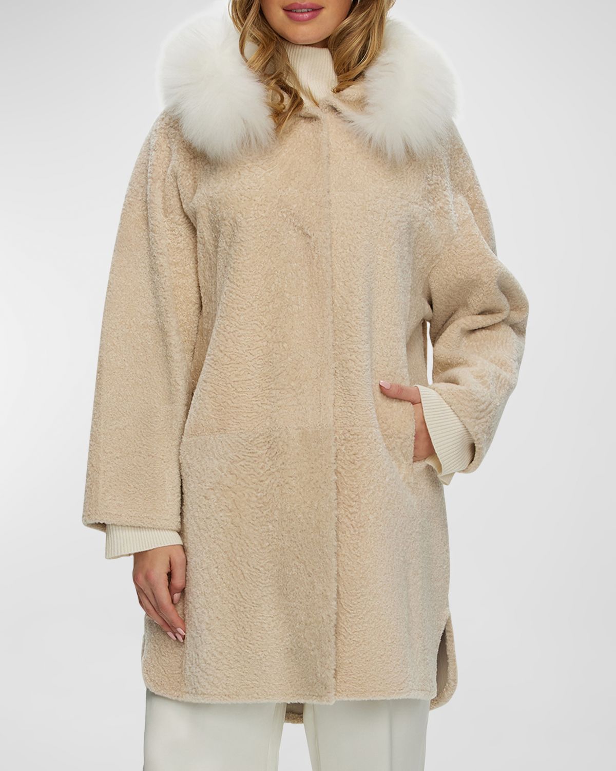 Gorski Reversible Shearling Lamb Stroller with Mongolian Lamb Hood Trim