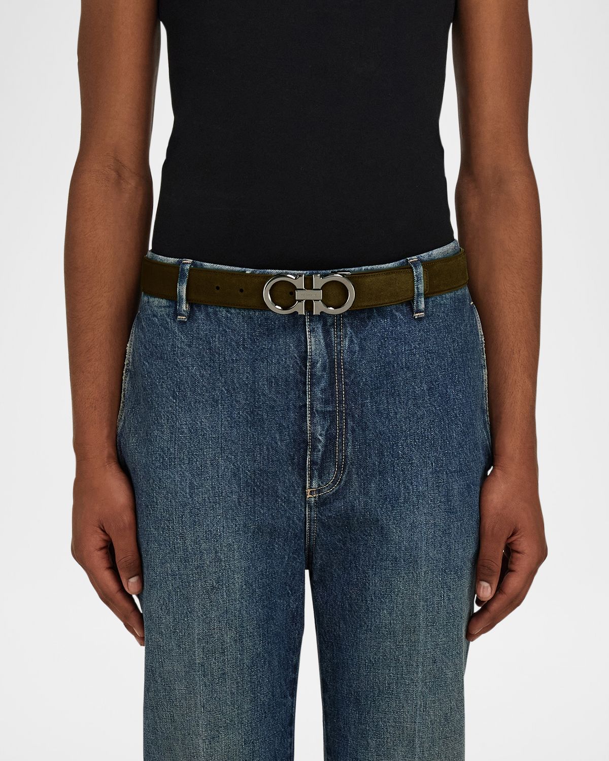 Ferragamo Men 's Suede Gancini-Buckle Belt