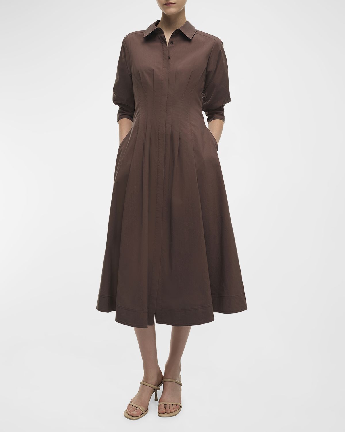 SIMKHAI Jazz Pintuck 3/4-Sleeve Midi Shirtdress