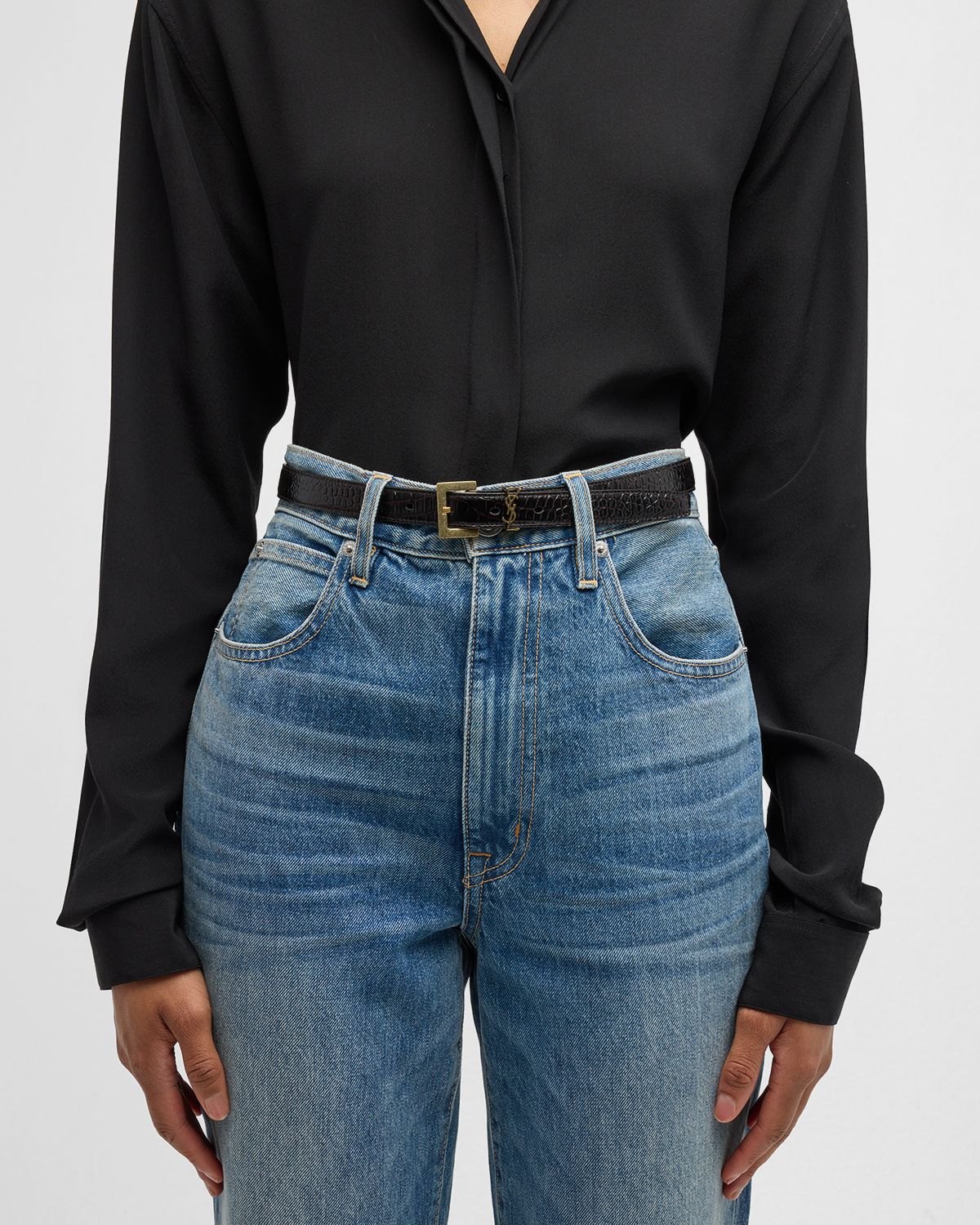 Saint Laurent Cassandre YSL Croc-Embossed Leather Belt