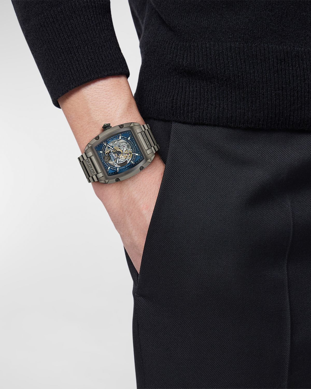 Versace Men 's Dominus IP Gunmetal Skeleton-Dial Bracelet Watch, 42x49.5mm