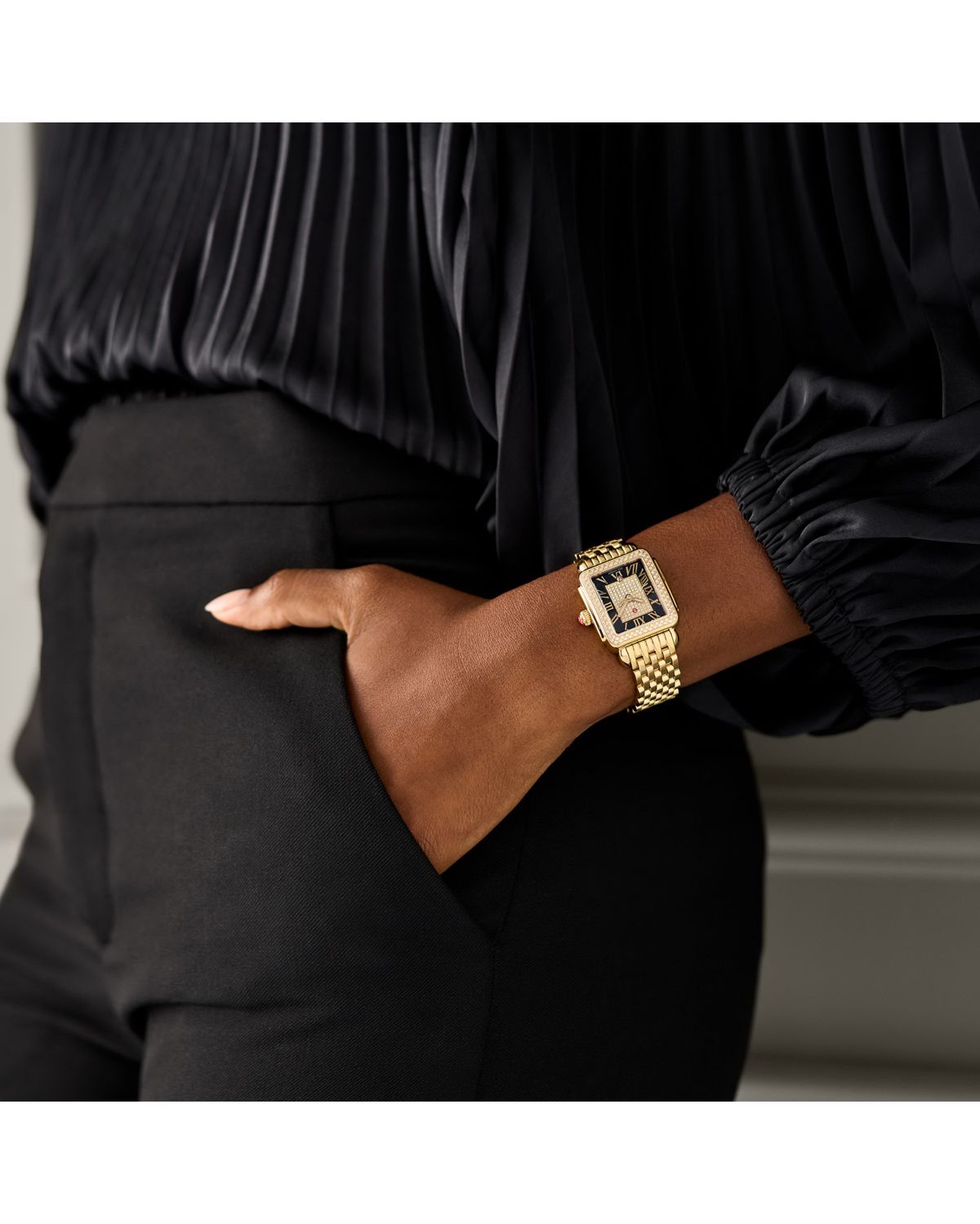 MICHELE Deco Madison Mid Noir Diamond Dial Gold Bracelet Watch