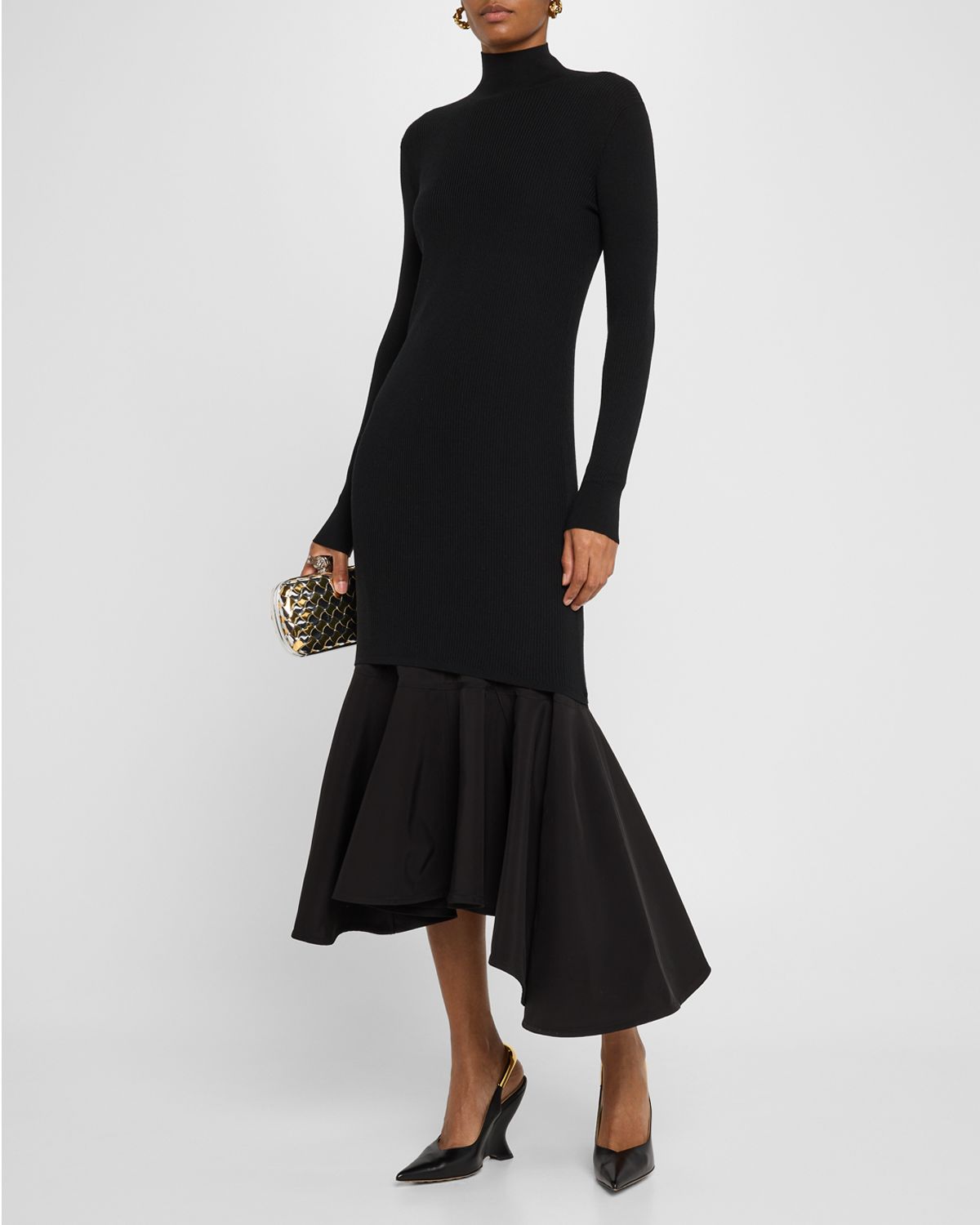 Bottega Veneta Asymmetric Mixed-Media Turtleneck Midi Dress
