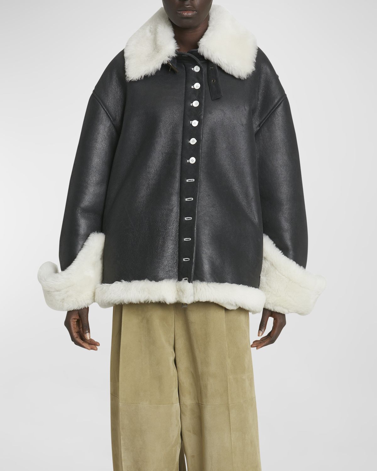Loewe Leather Button-Front Jacket with Shearling Lining