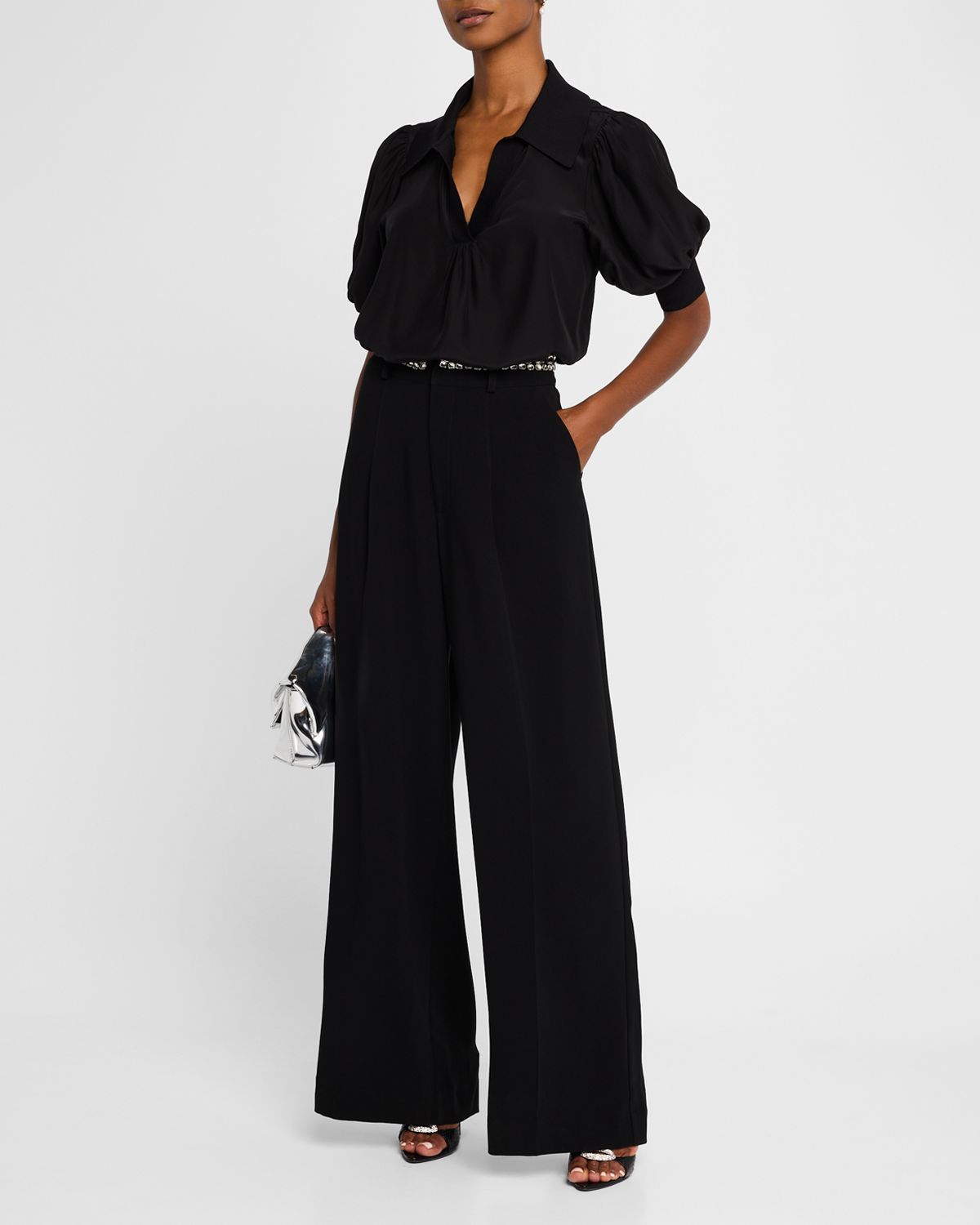 Cinq a Sept Weldon Collared V-Neck Short-Sleeve Silk Combo Top