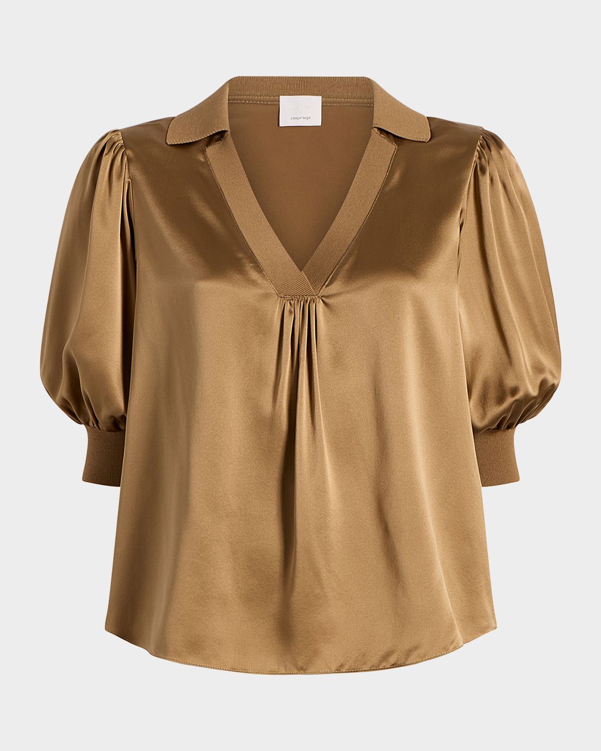 Cinq a Sept Weldon Collared V-Neck Short-Sleeve Silk Combo Top
