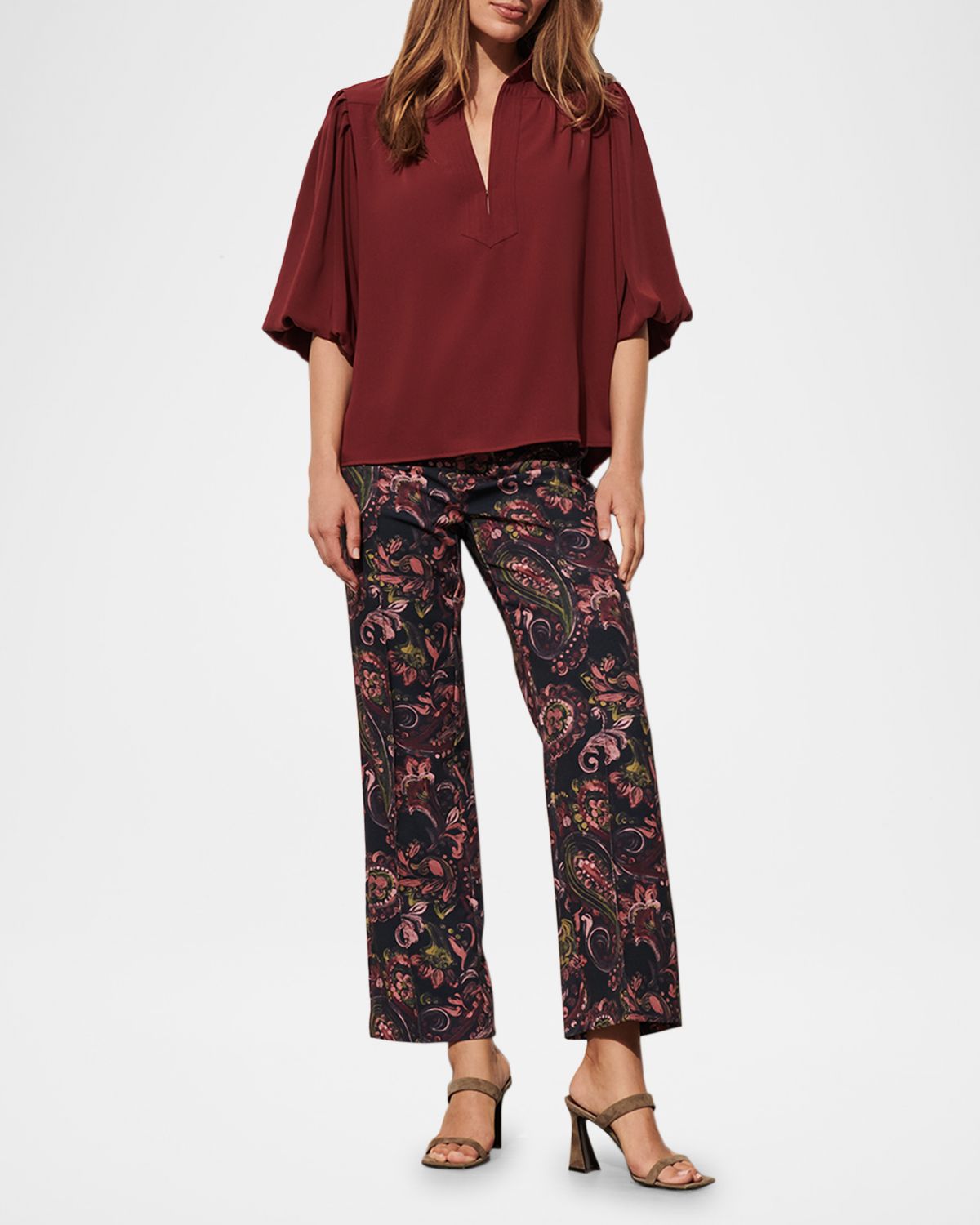 Figue Dani Lantern-Sleeve Split-Neck Top