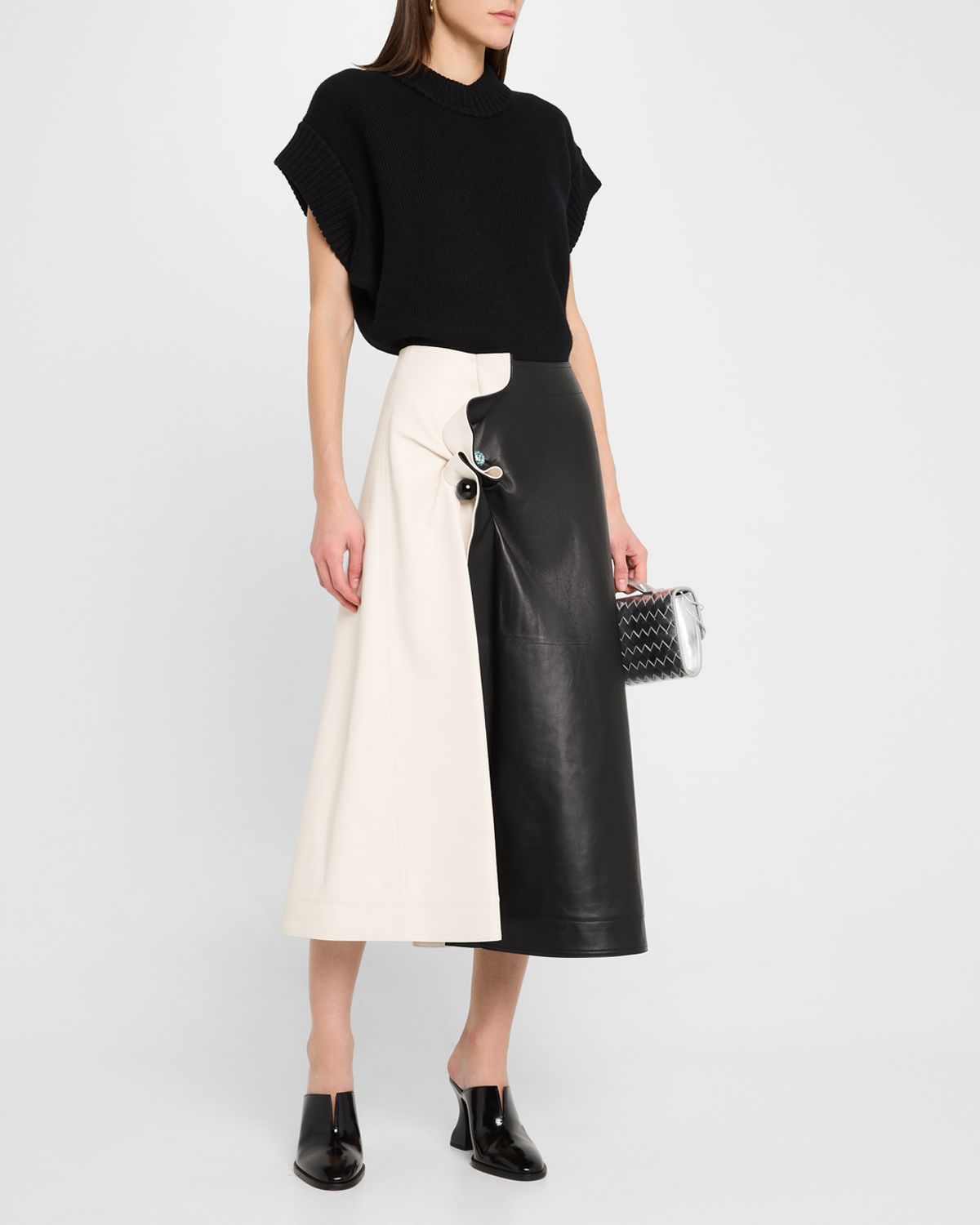 Bottega Veneta Colorblock Leather Gathered Midi Skirt