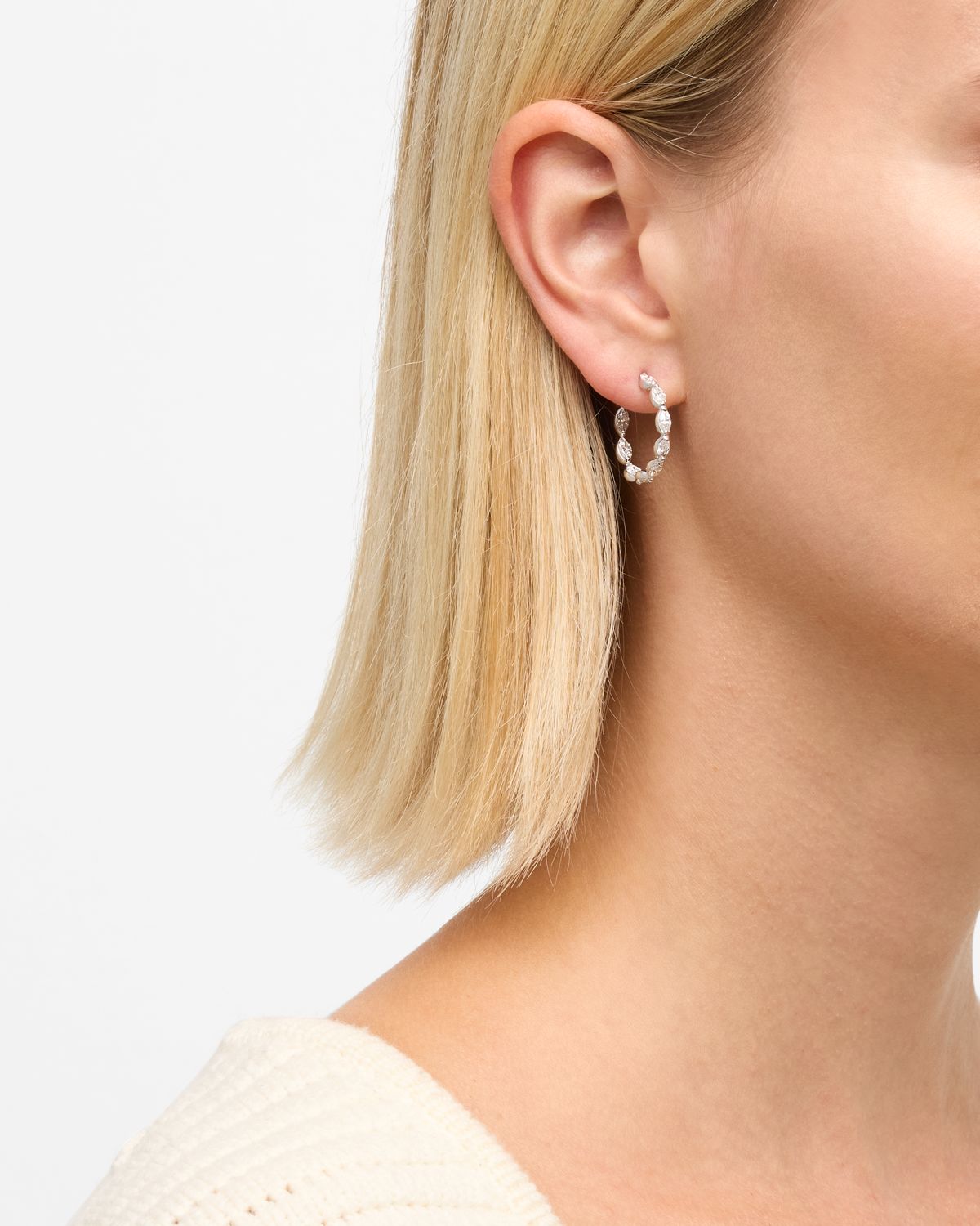 Neiman Marcus Diamonds 18K White Gold Inside Out Marquise Diamond Hoop Earrings, 2.70tcw, 1"L