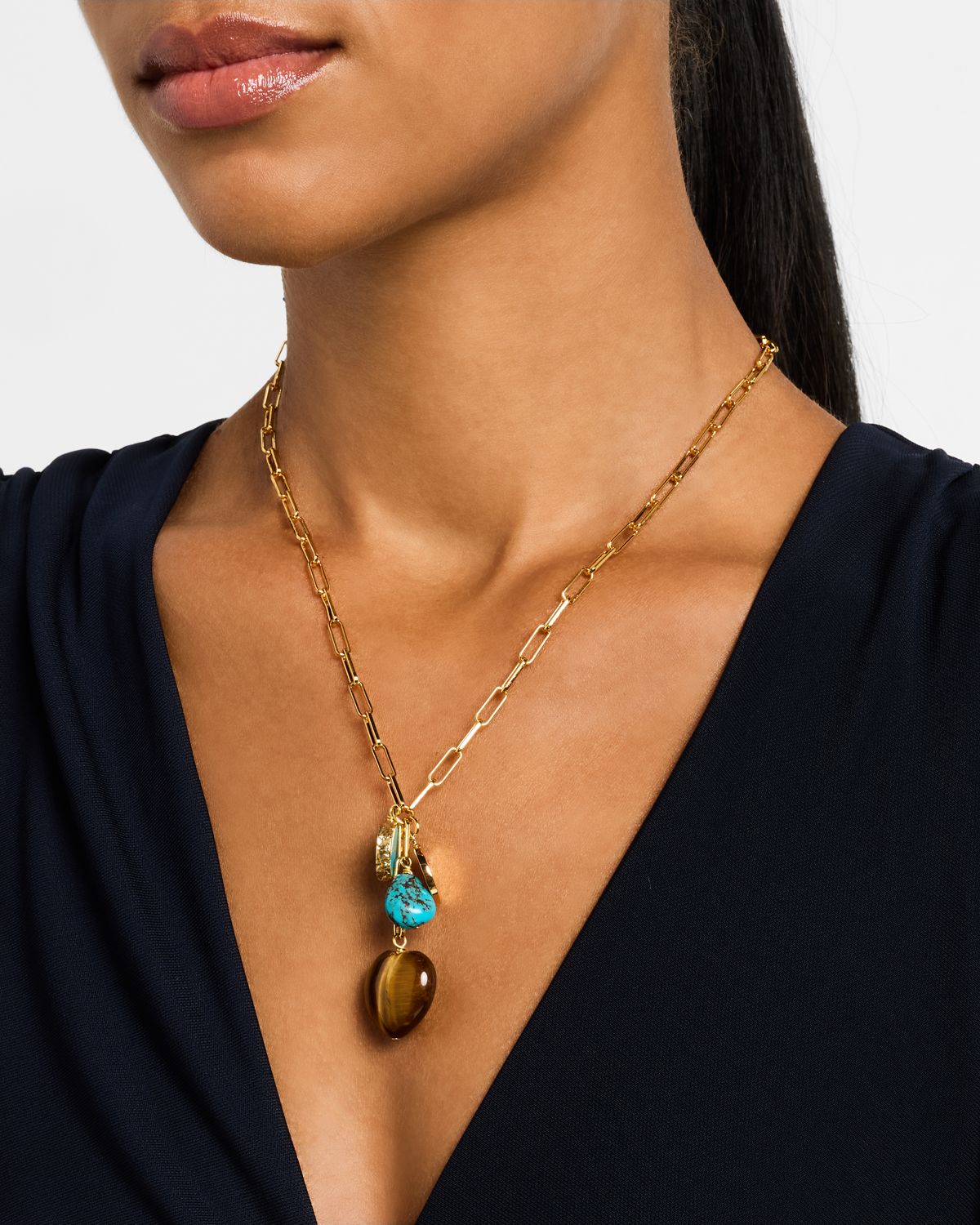 NEST Jewelry Tiger 's Eye and Turquoise Heart Charm Necklace
