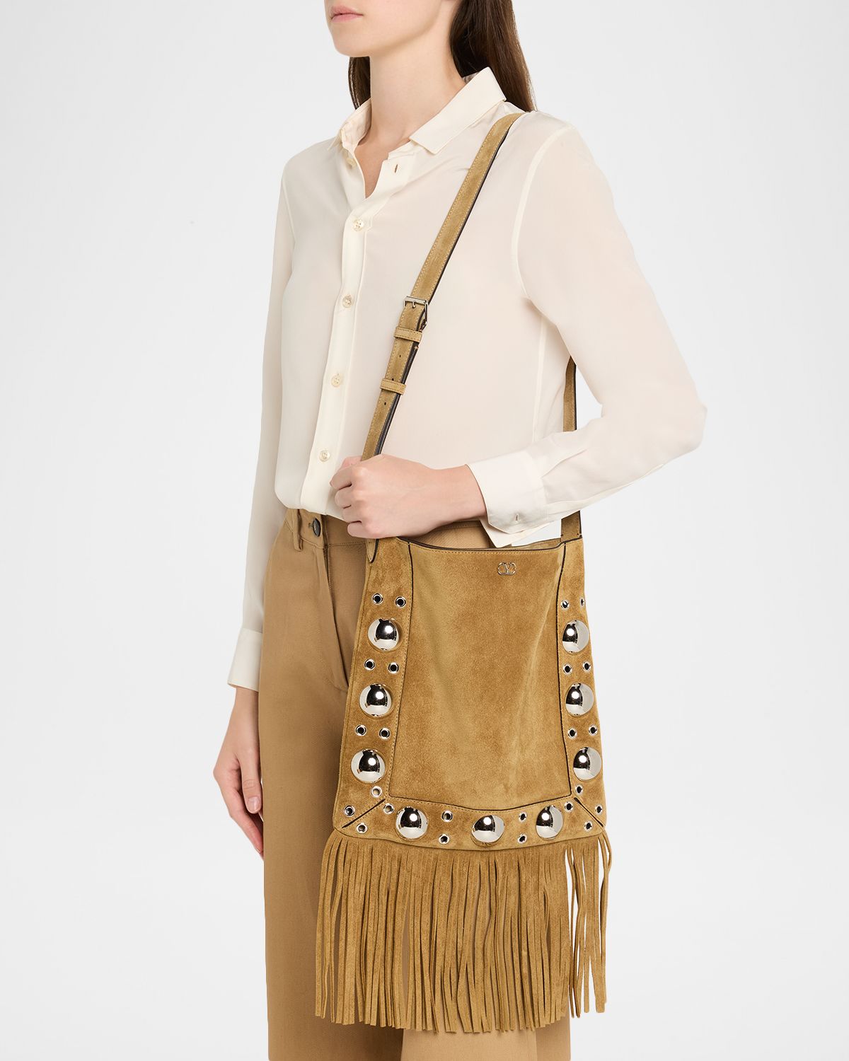 Valentino Garavani Nellcote Studded Fringe Suede Crossbody Bag