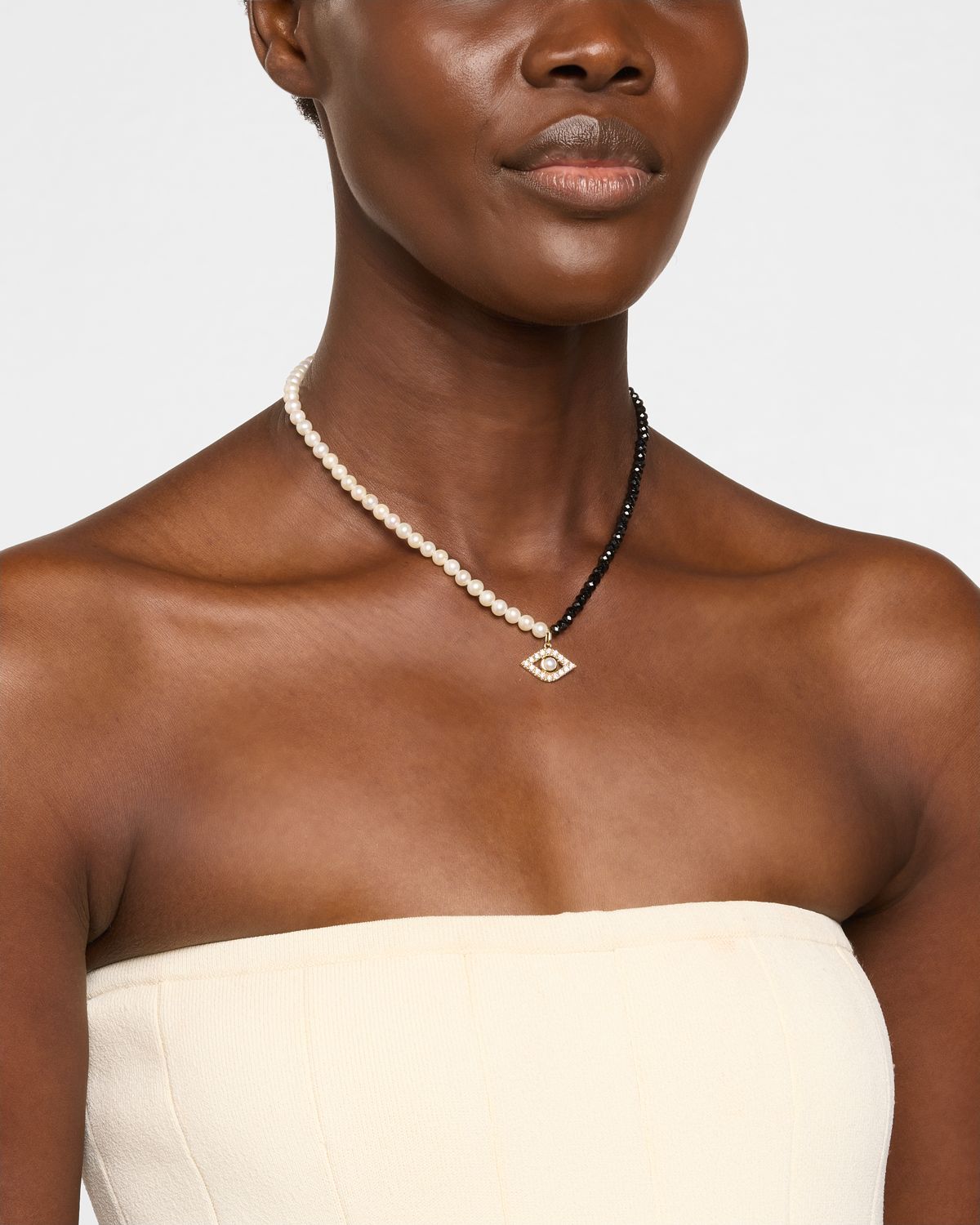 Sydney Evan XL Pearl and Black Spinel Beaded Necklace with Diamond Evil Eye Charm