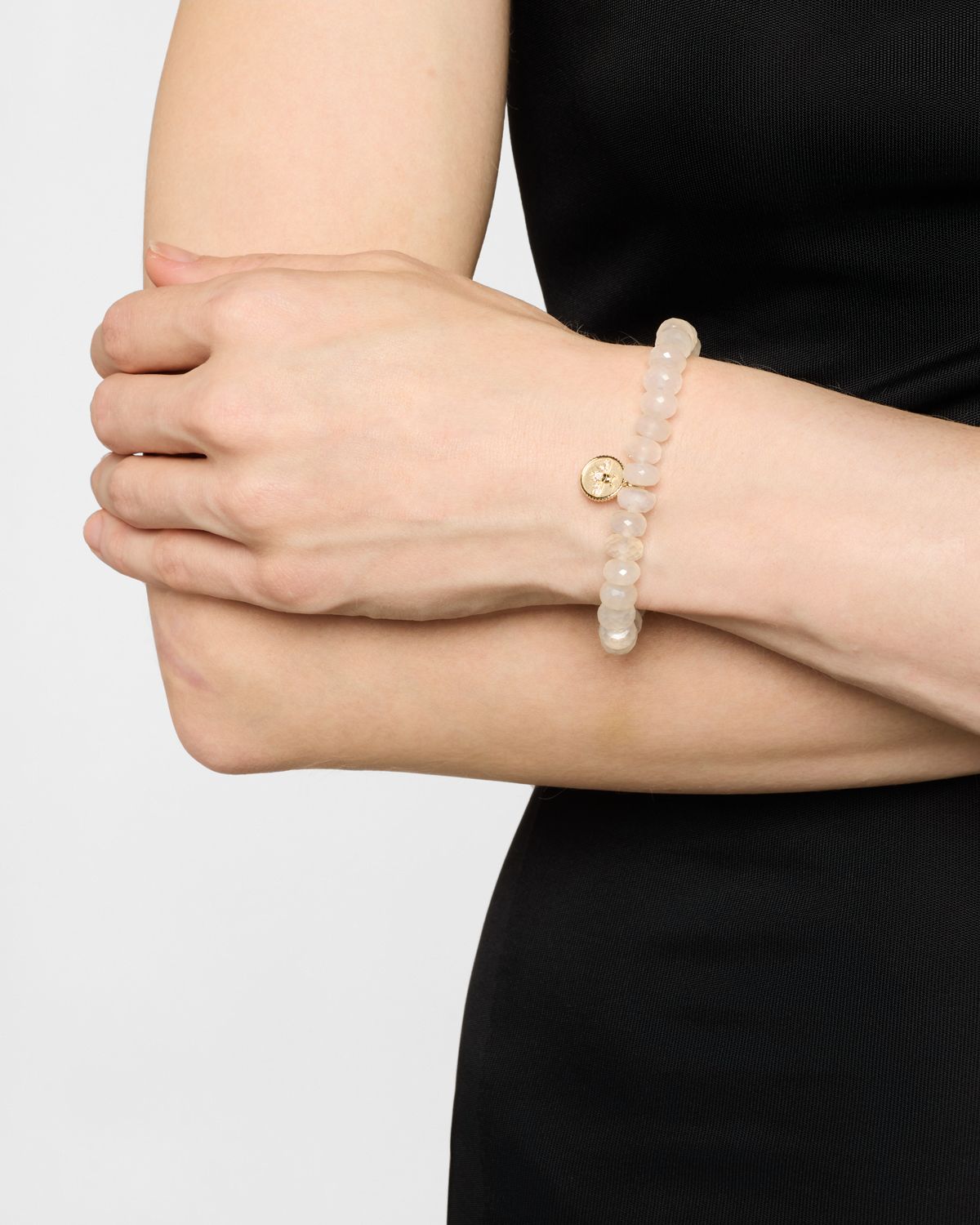 Sydney Evan Tiny Pave Bee Coin and Champagne Chalcedony Bead Bracelet