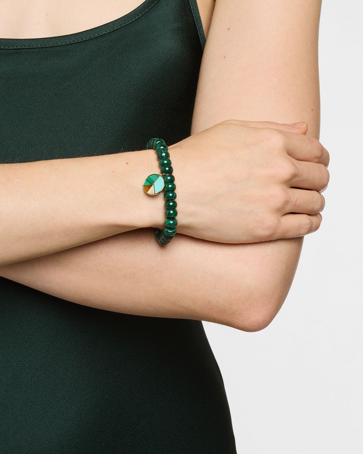 Sydney Evan Mosaic Peace Charm on Malachite Smooth Rondelle Bead Bracelet