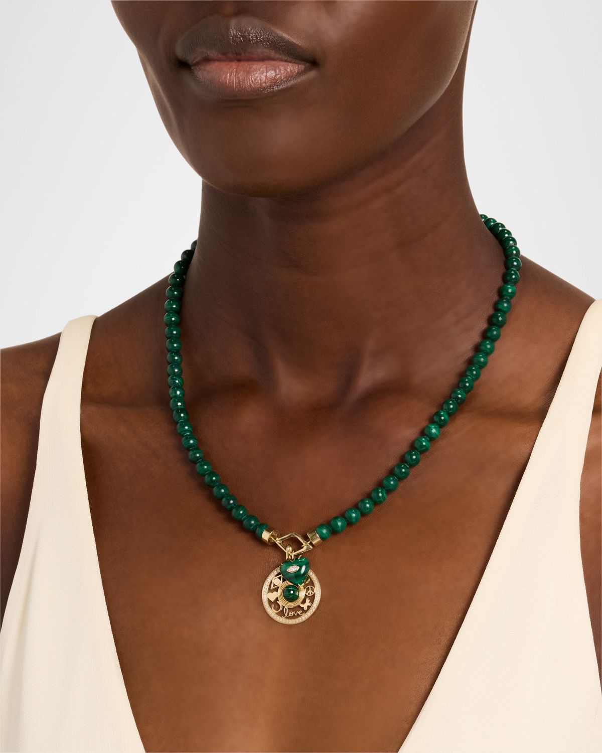 Sydney Evan Malachite Open Icon and Carved Heart Necklace