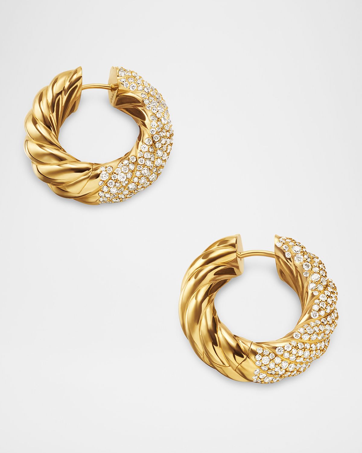 David Yurman Sculpted Cable Hoop Earrings with Diamonds in 18K Gold, 9mm, 1"L