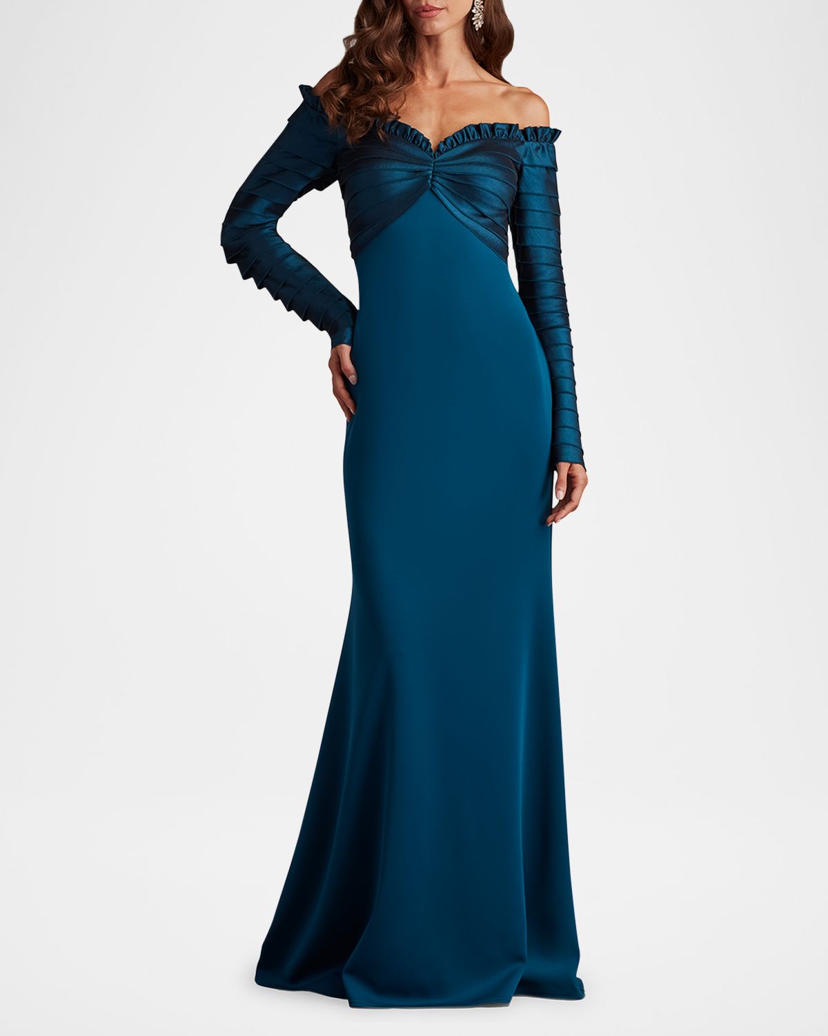 Tadashi Shoji Off-Shoulder Pleated Taffeta and Crepe Gown