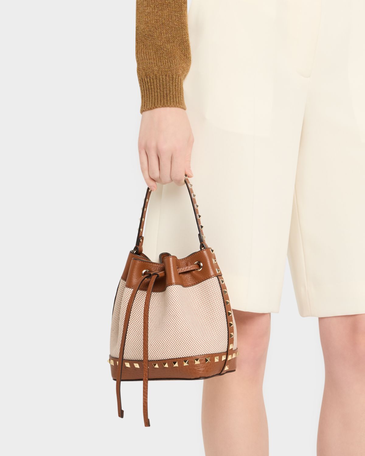 Valentino Garavani Rockstud Drawstring Canvas & Leather Bucket Bag