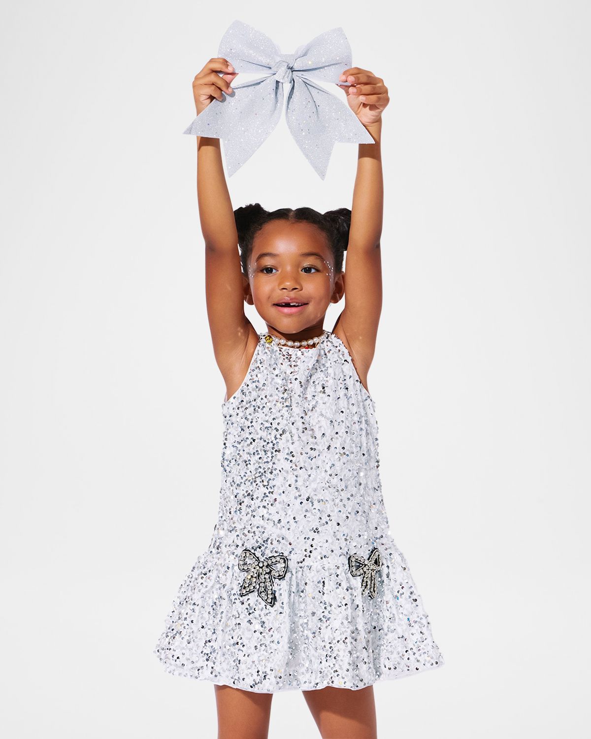 Lola + The Boys Girl 's Shimmer Sequin Dress W/ Bows, Size 2-1