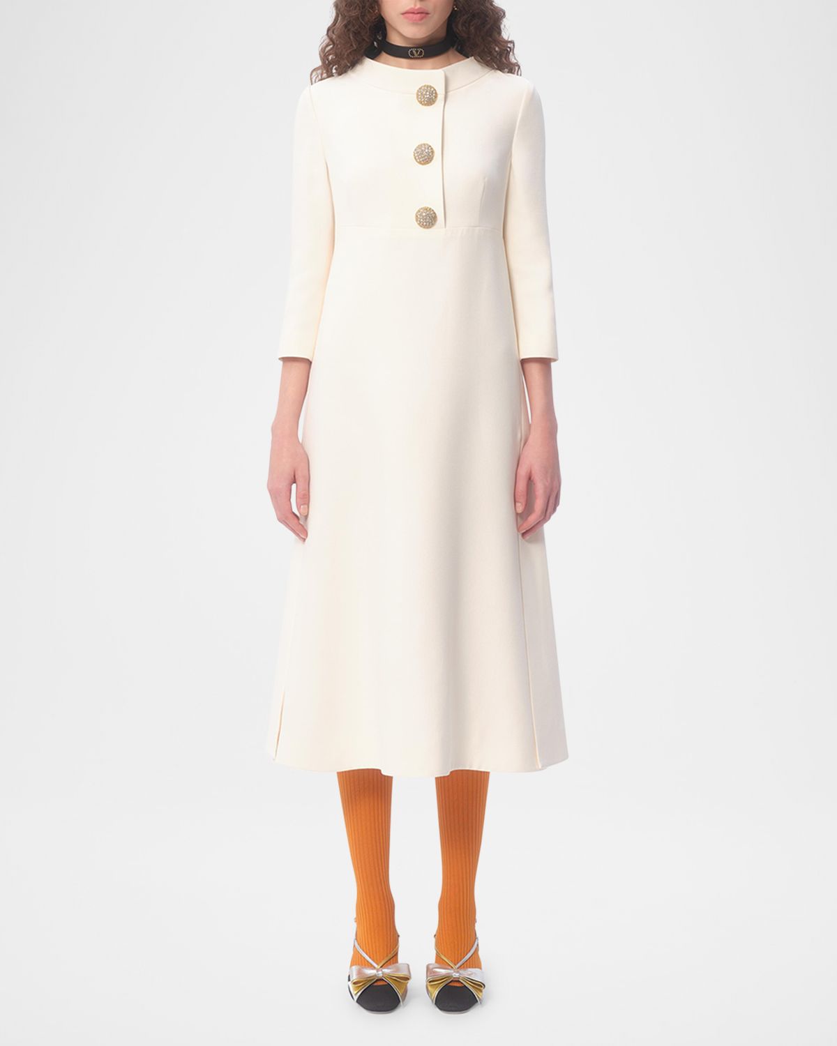 Valentino Garavani Quarter-Sleeve Brooch Wool Midi Dress