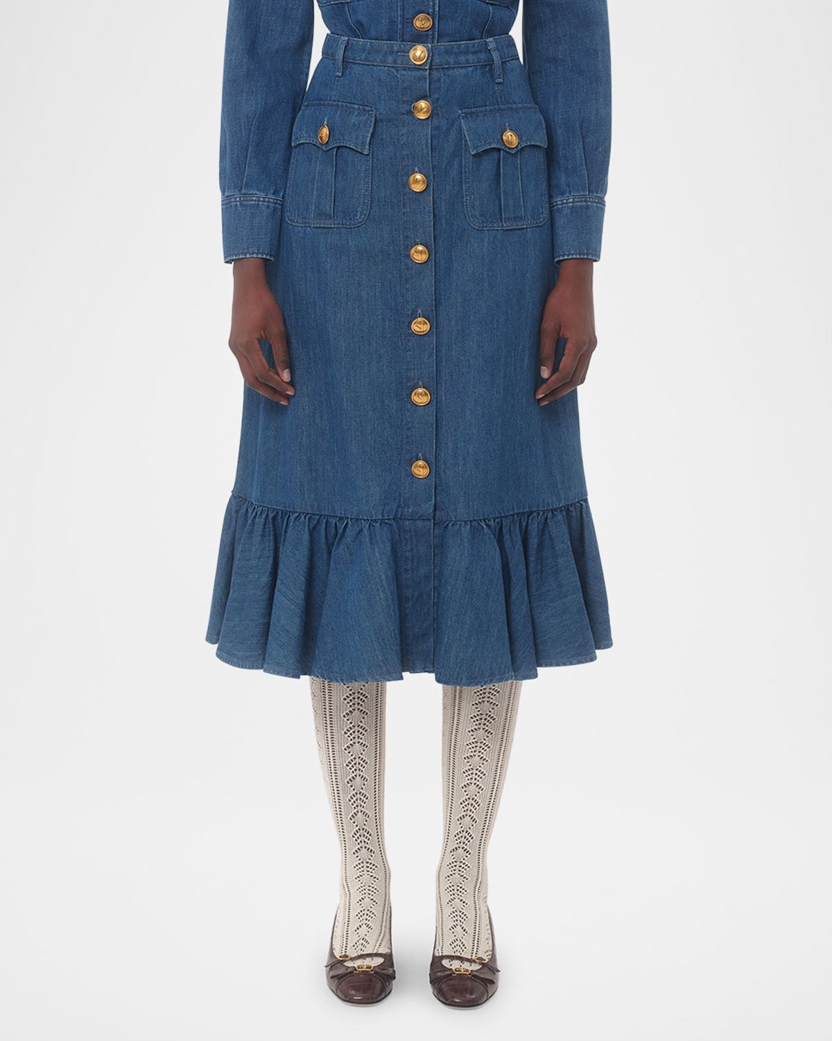 Valentino Garavani Button-Front Ruffle Denim Midi Skirt