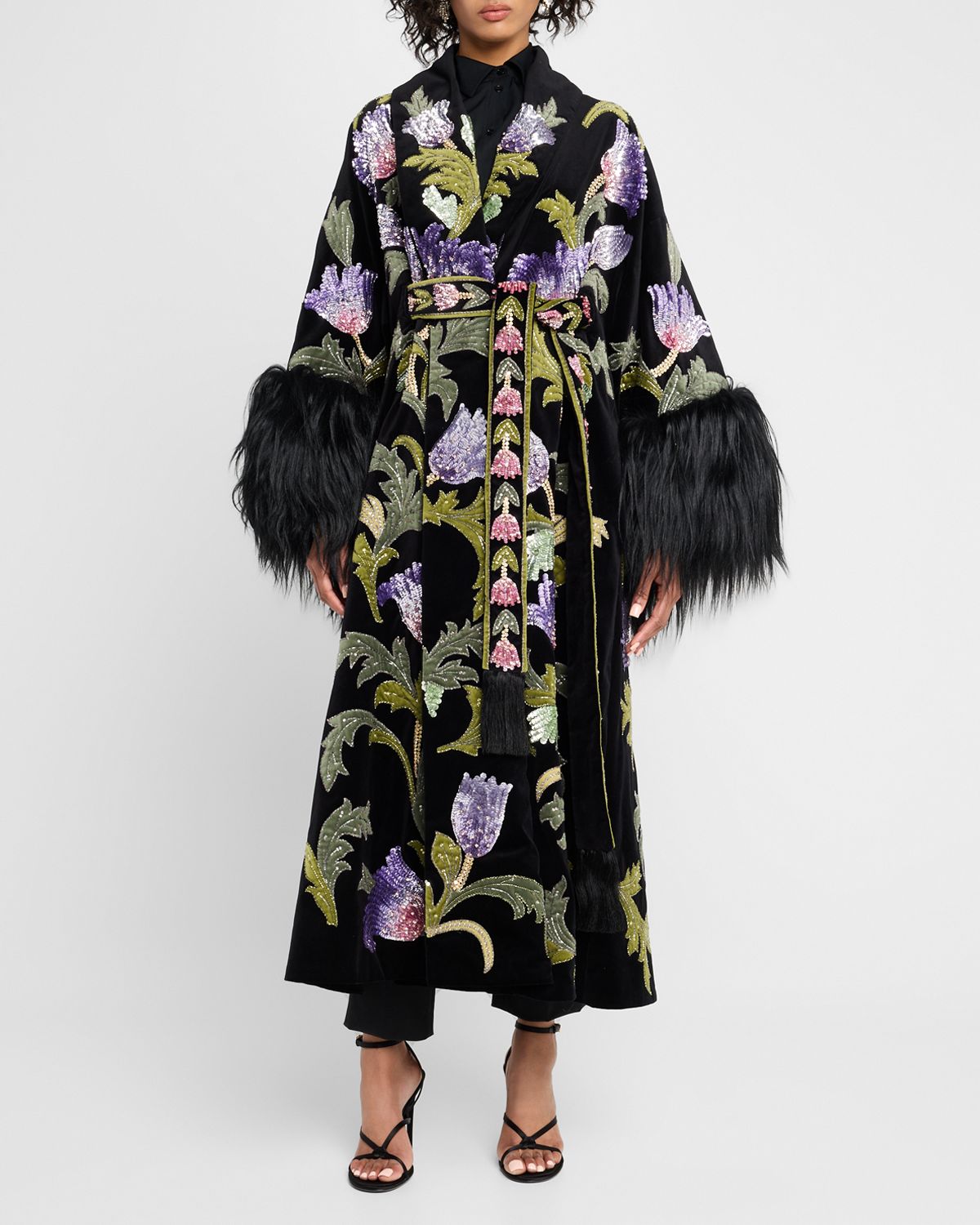 Valentino Garavani Sequined Velvet Wrap Coat With Goat Shearling Trim