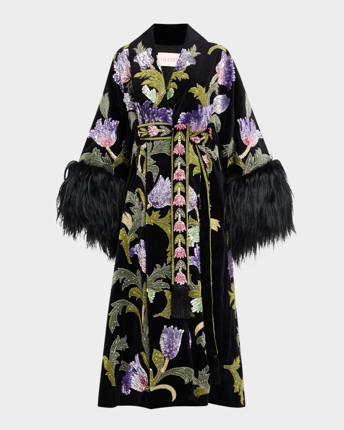 Valentino Garavani Sequined Velvet Wrap Coat With Goat Shearling Trim