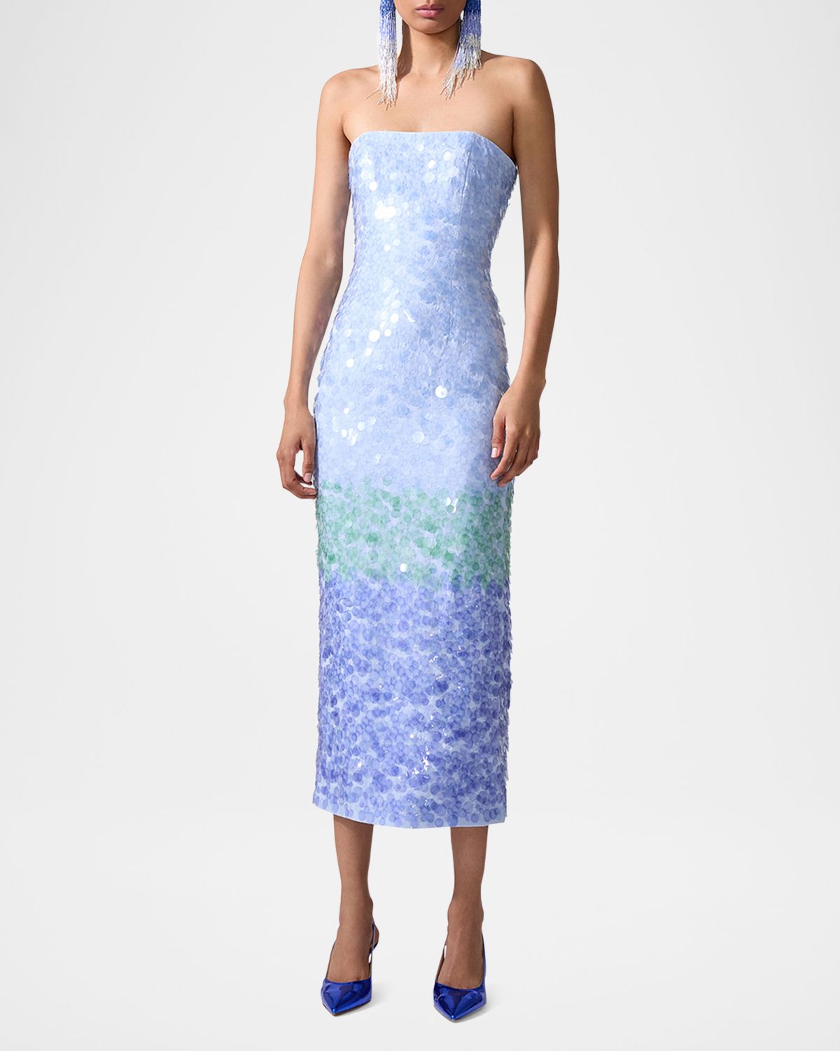 Carolina Herrera Strapless Stripe Sequined Midi Dress