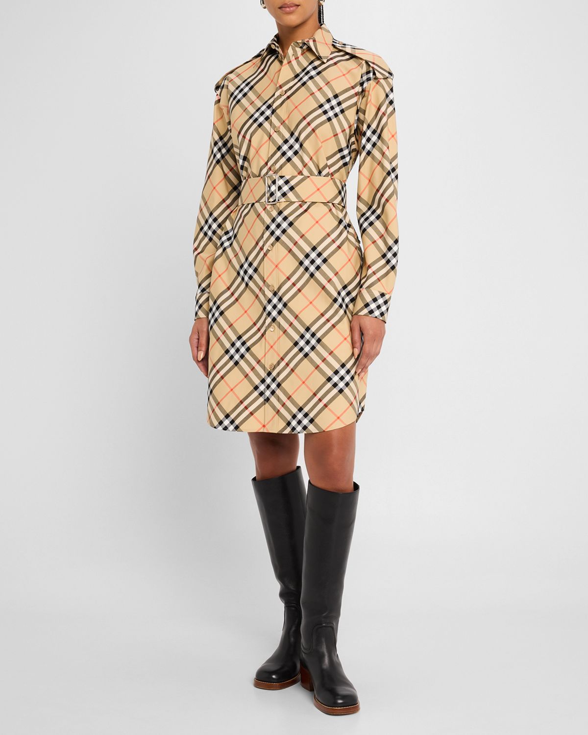 Burberry Check Belted Long-Sleeve Shirtdress